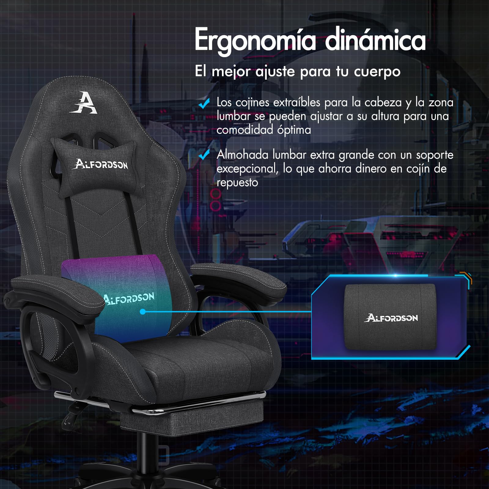 ALFORDSON Silla Gaming con Masaje y LED, Silla Gamer Ergonómica con Cojín Lumbar y Cervical, Reposapiés Telescópico, Iluminación para Ordenador, Videojuego, Juegos, Oficina, Lino(Gris Oscura)