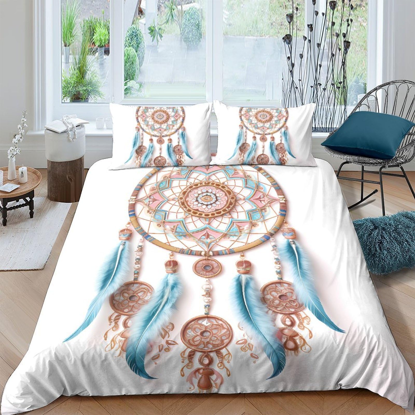 Ctjqhvkz Style-10 3D Printed Dreamcatcher Fitted Sheet Microfiber Soft Blue Feather Boho Style Bed Cover For Bedroom Guest Room Decor Single（135X200cm）