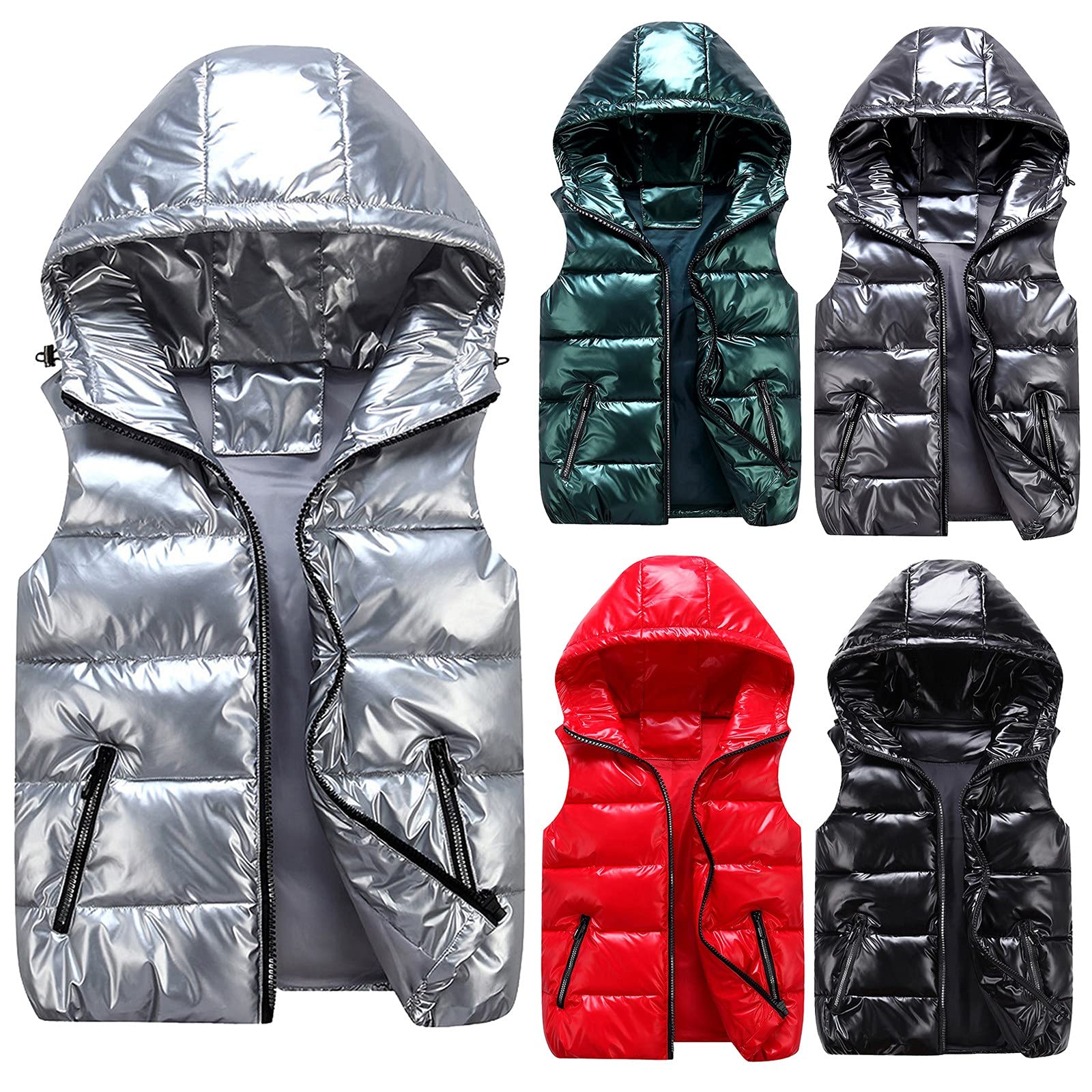 cutecool Chaleco acolchado brillante para mujer - Chaqueta acolchada sin mangas Chaleco monocolor con cremallera Casual Chaqueta con capucha Unisex Chaqueta de invierno capucha