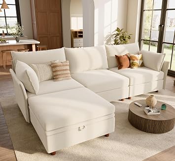 ABCASA 102.6" L Shaped Modular Sectional Couch with Removablr Cover, 4 Seater Deep Seat Sofa with Storage Ottoman for Living Room, Pet-Friendly Velvet, Beige