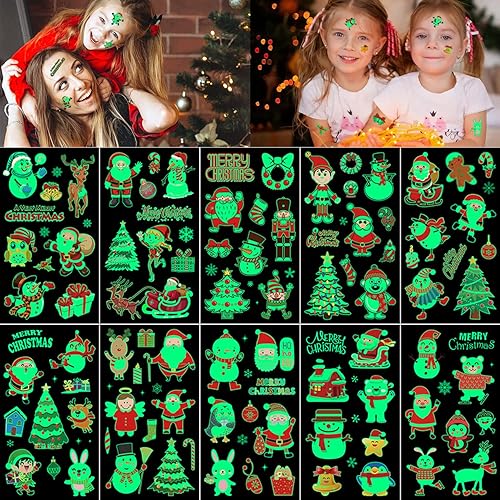 10 hojas de 105 tatuajes temporales de Navidad para niños que brillan en la oscuridad, tatuajes para niños y niñas, decoraciones de Navidad,