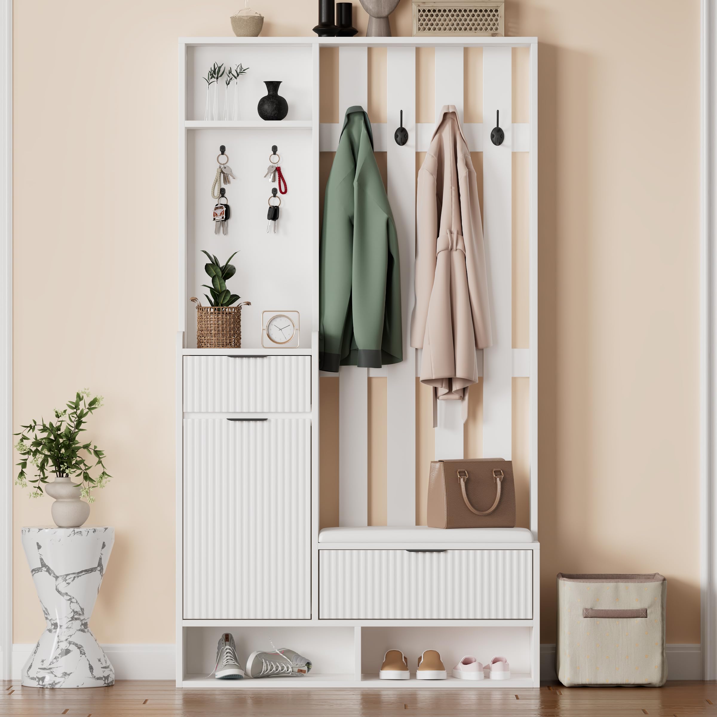100 x 30 x 180 cm, 6 in 1, con 8 ganci, protezione antiribaltamento, appendiabiti compatto con cassetti e armadi, larghezza 100 cm, colore: bianco