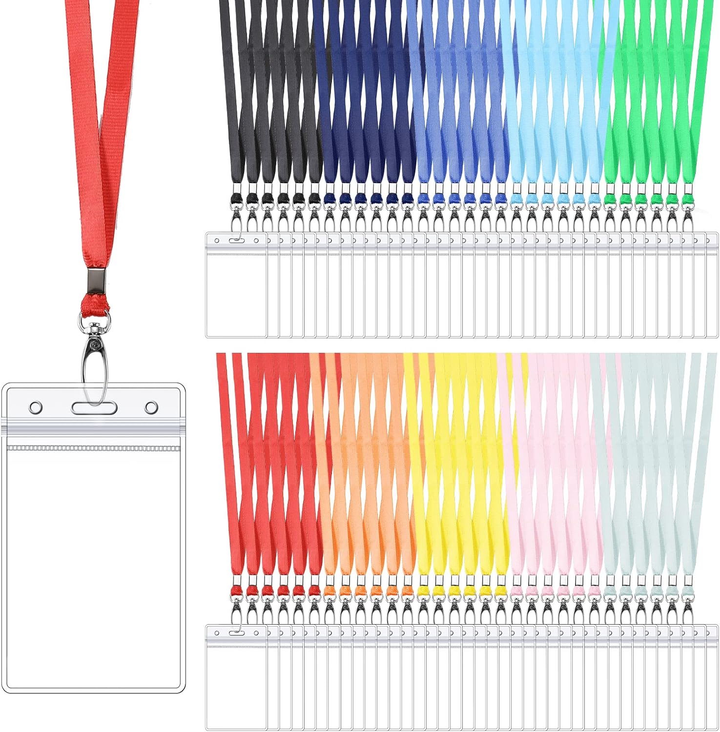 100 Sets Solid Color Lanyards with ID Badge Holder Durable Cruise Lanyards with