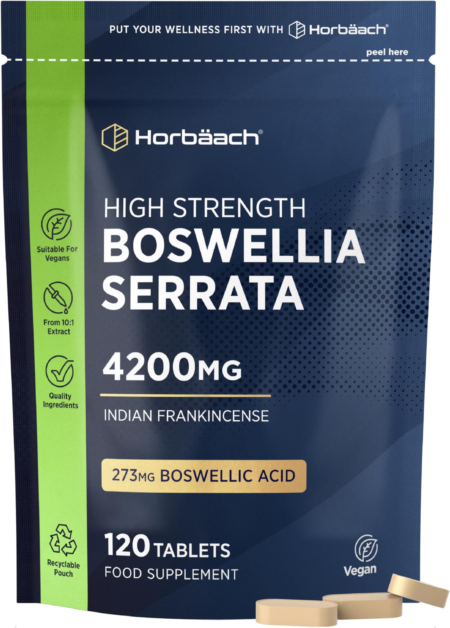 Boswellia Serrata Extract 4200mg | 273mg Boswellic Acid | 120 Vegan Tablets | Indian Frankincense Supplement | by Horbaach