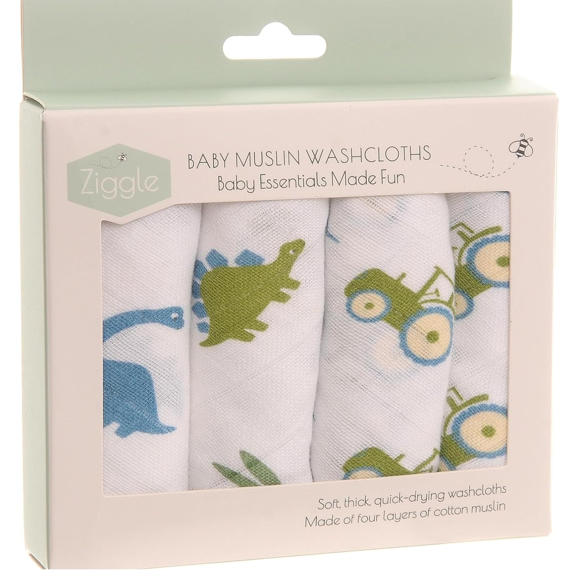Ziggle Baby Wash Cloths 25x25 cm, 4 Muslin Cotton Reusable Face & Body Towels | Ultra-Soft Baby Wipes for Bathtime & Skincare – Newborn Essentials Gift Set