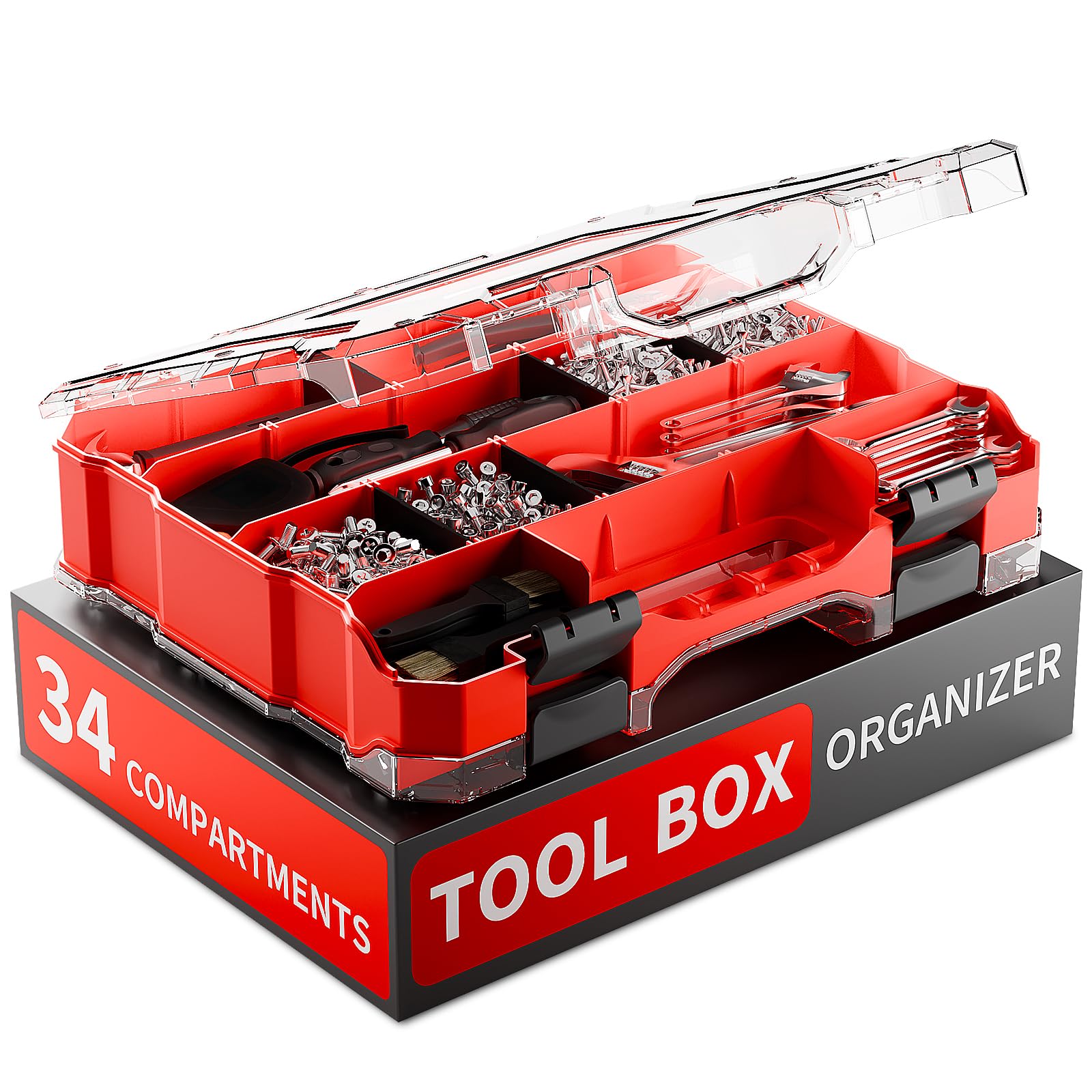 [34 Compartments] Tool Box Organizer, Hardware Organizer, Small Parts Storage Organizer, Organizer Box with Removable Dividers, for Screws Nails Nuts Bolts (Red)