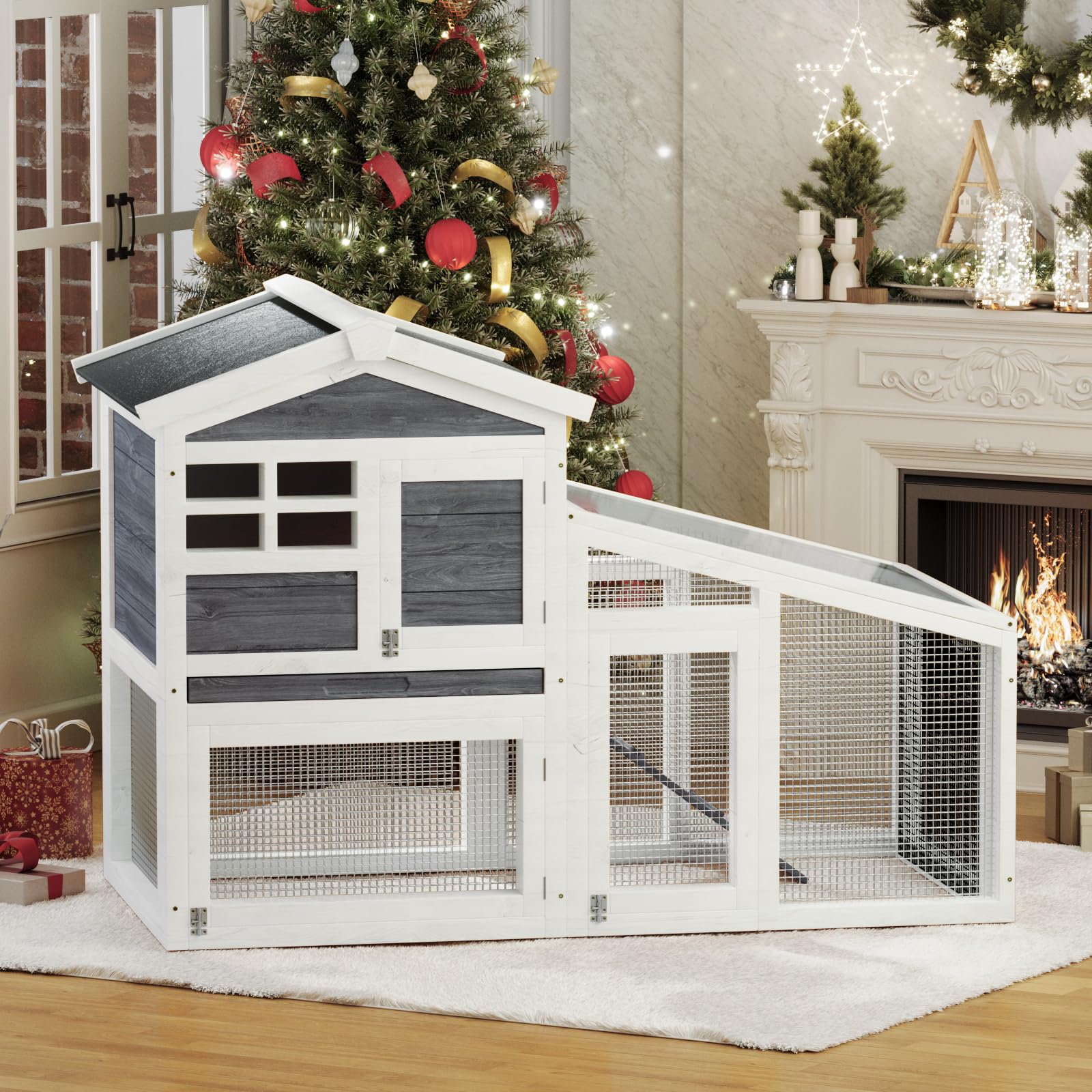 Rabbit Cage, Outdoor Weatherproof Bunny House Wooden, Indoor Bunny Cage with Run, Rabbit Hutch with Removable Tray, Grid Fences, Ramp 53.15" L x 23.62W 37.8" H Gray - image 6