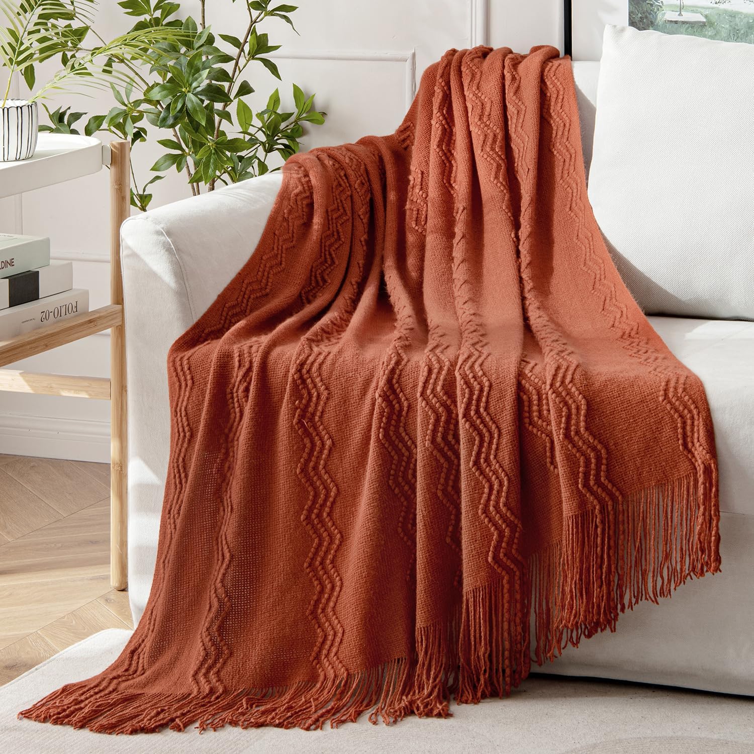 MIULEE Rust Knitted Throw Blanket for Couch Terracotta Boho Textured Cozy Woven Rustic Blanket with Tassels for Sofa Chair Bed Living Room Farmhouse Decor Acrylic Wave Pattern 50"x60" 50" x 60" Rust