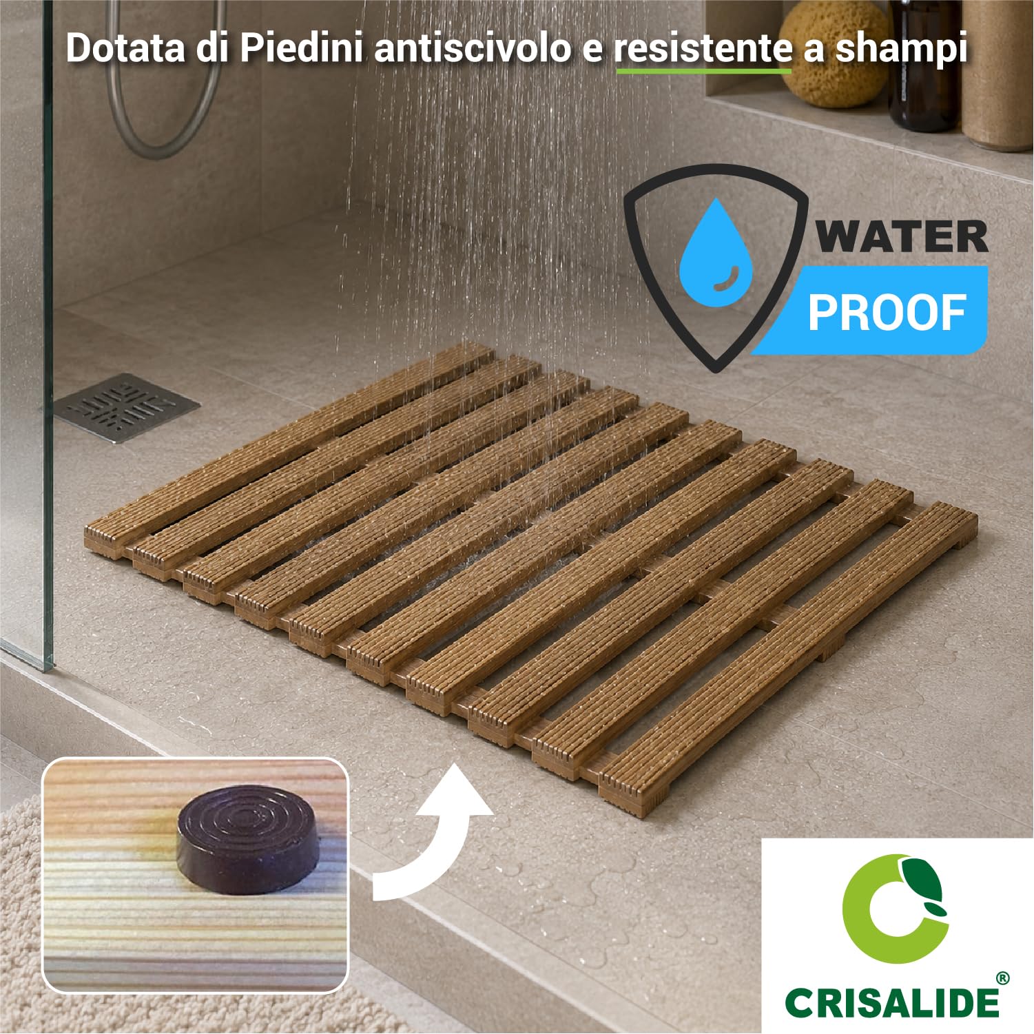 Crisalide® - Pedana Doccia in Legno di Pino Naturale 57x57 cm, Pedana Antiscivolo Waterproof con Doghe Drenanti, Piedini di Appoggio, Tappeto Doccia in Legno per Bagno e Piatto Doccia