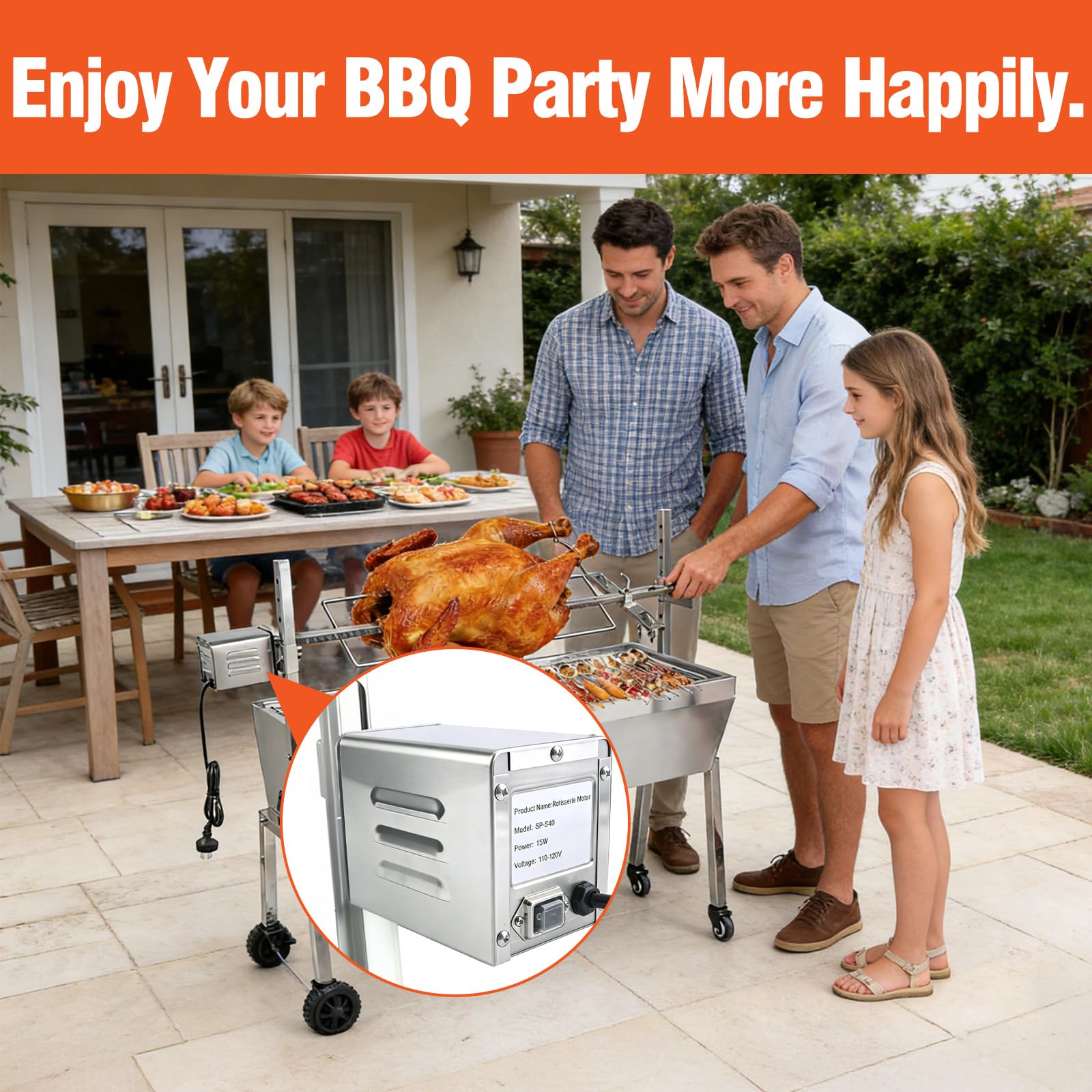 Moteur de rôtissoire 15 W – Moteur de rôtissoire pour barbecue jusqu'à 40 kg, broche de rechange universelle robuste pour rôtissoire de porc/chèvre/poulet, barbecue en plein air, camping et