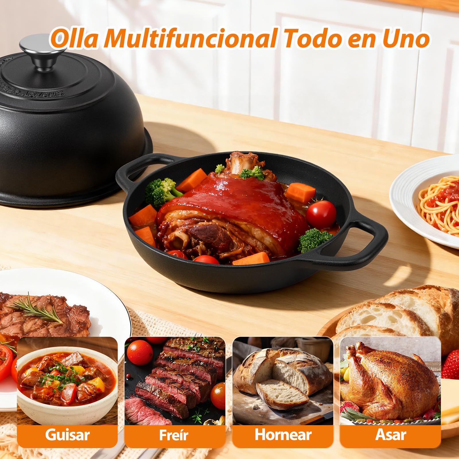 Olla de Hierro Fundido para Hornear Pan,4,7L Pre-Curtido Cacerola Holandesa con Tapa, 24cm Dutch Oven con Cesta de Fermentación, para Cocinar,Hornear,Estofar y Asar (Negro）