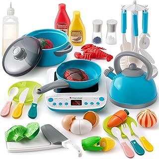 JOYIN 37Pcs Kids Kitchen Playset, Toddler Pretend Cooking Toy Set with Pans, Pots, Utensils Cookware Toys, Play Food, Cutting Vegetables, Kids Kitchen Toy Accessories, Girls Boys Gift