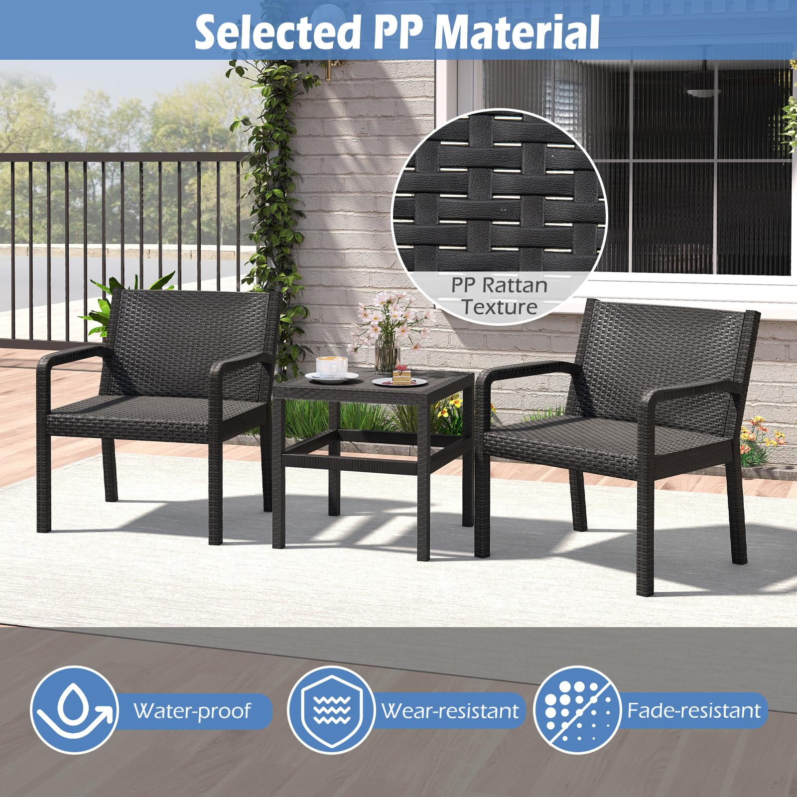 LIFEZEAL Juego de Mesa y Sillas de Jardín 3 Piezas con Asiento Ergonómico | Muebles de Patio Modernos, Mesa y 2 Sillones de Mimbre para Jardín Piscina Terraza PP Resistente