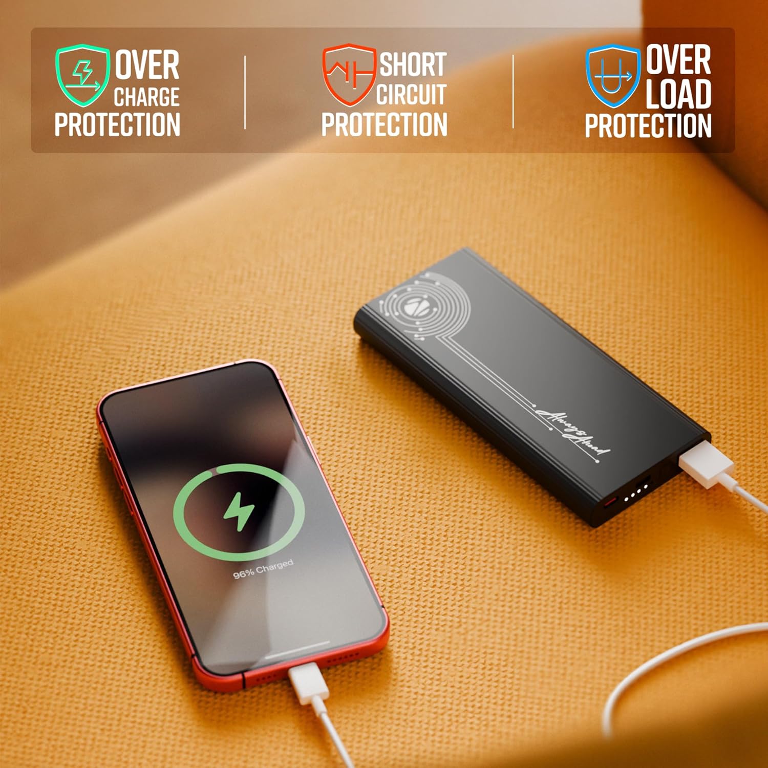 ZEBRONICS EnergiPod 10MR1 Power Bank with icons for Over Charge, Short Circuit, and Overload Protection