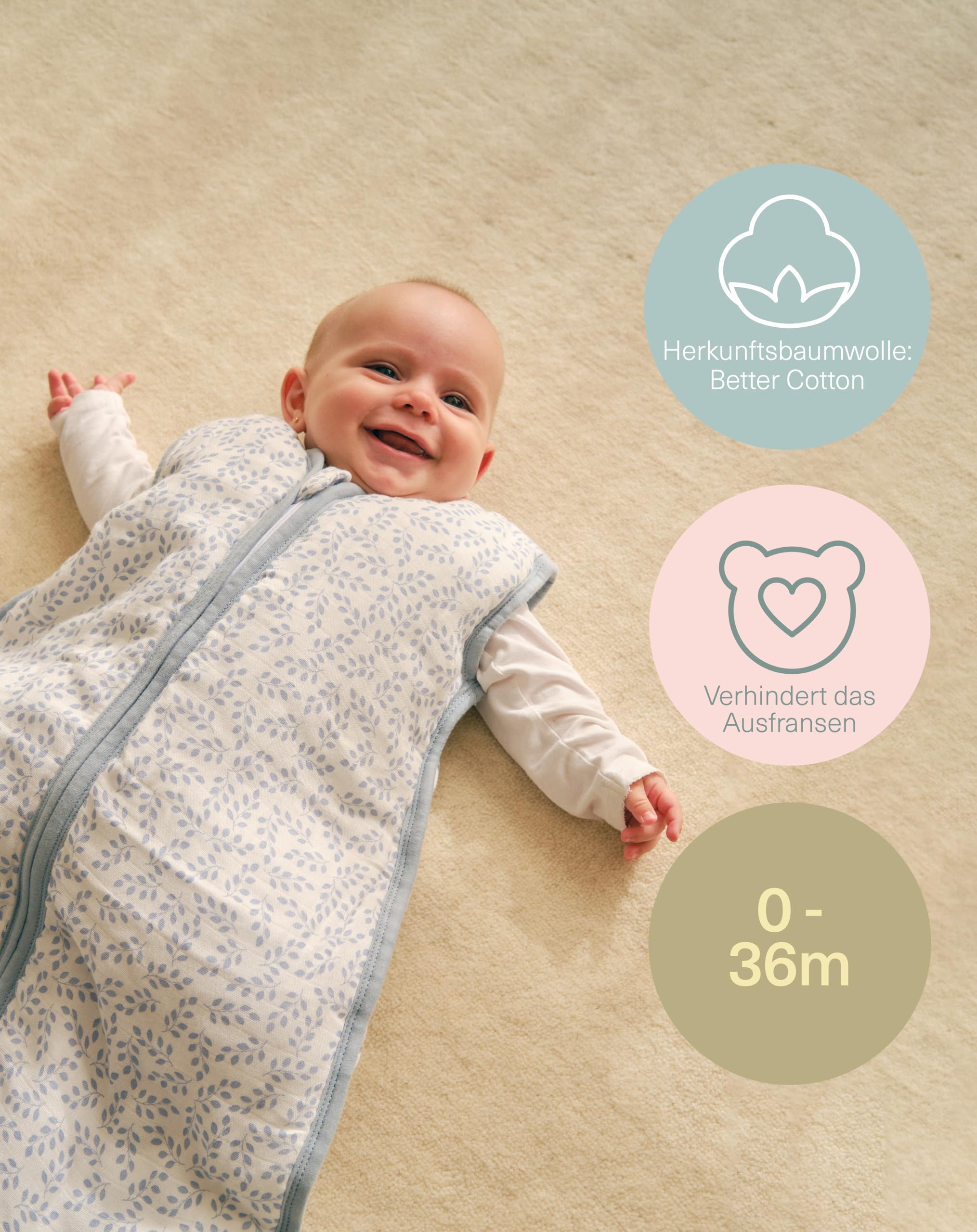 molis&co - Baby Schlafsack 2.5 TOG - Ganzjahres Schlafsack - Babyschlafsack Neugeborene - Premium-Musselin, ärmellos Winterschlafsack wattiert - Premium Qualität - Zen Garden (85 cm)