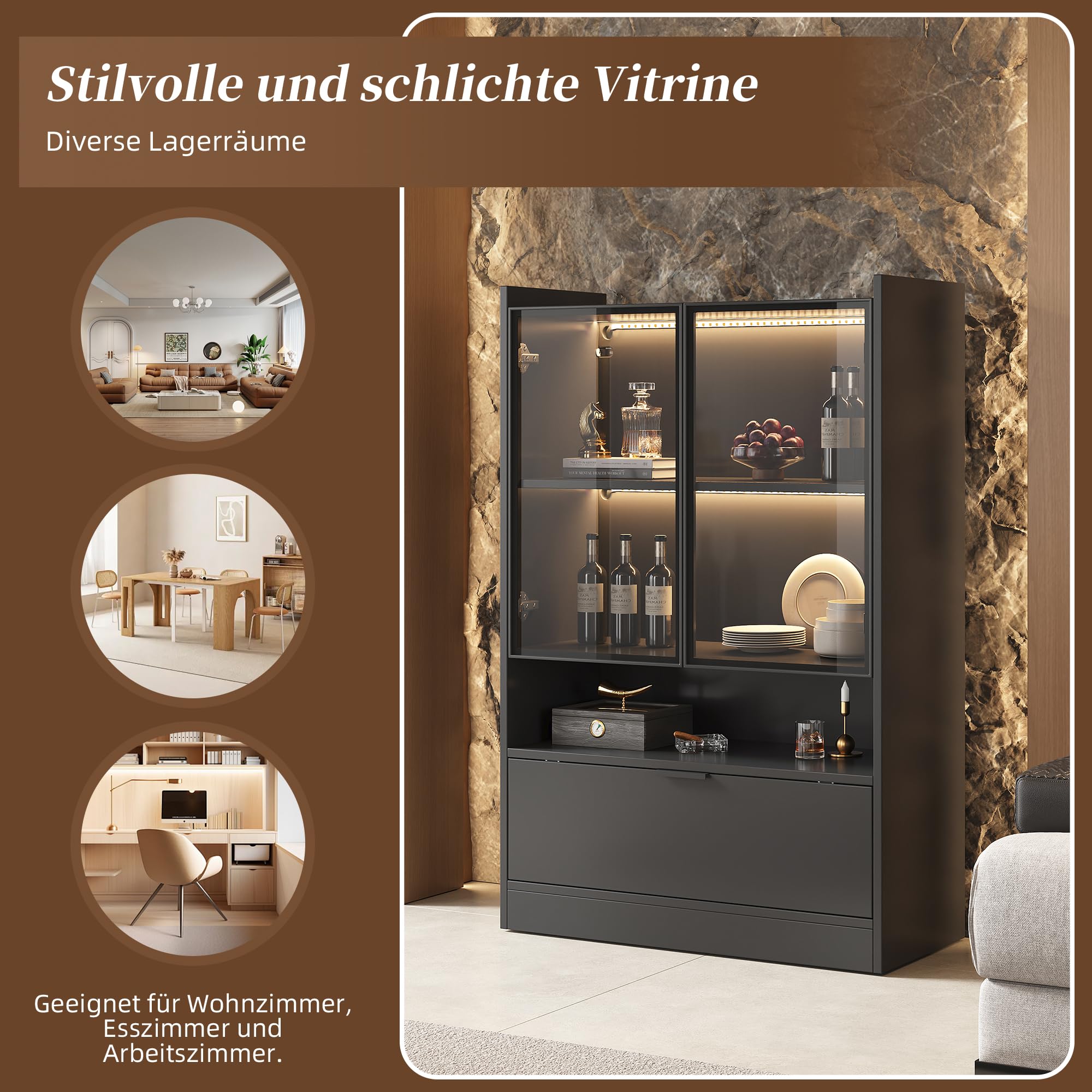 Merax Vitrinenschrank Transparente Vitrine mit LED, Moderner Bücherschrank mit 2 Glastüren & 1 Falttür & Offenes Regal, Sammlervitrine Standvitrine für Wohnzimmer Esszimmer Büro, Schwarz Matt, 120cm