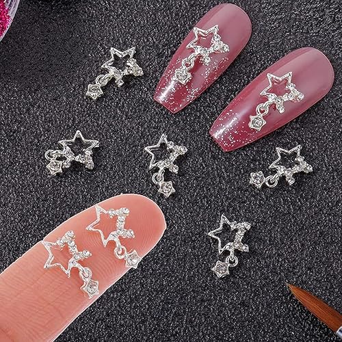 Miniatura 5 de Dijes de arte de uñas de estrella plateada mixta, 30 piezas, aleación 3D, diamantes de imitación en forma de estrellas, dijes de metal para uñas