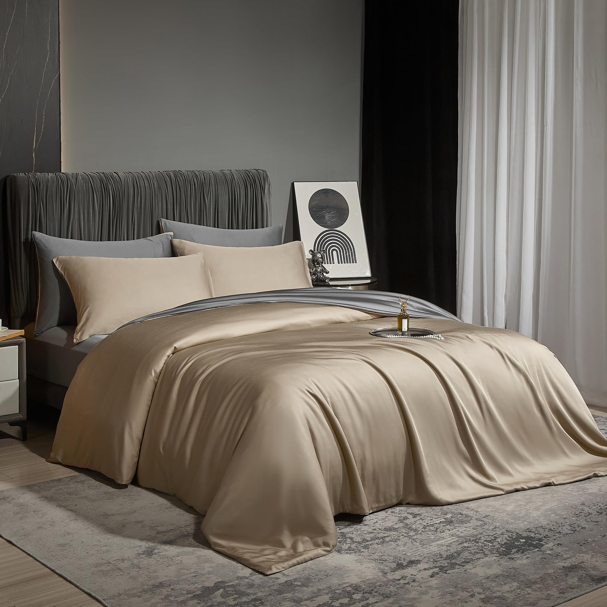 Luowei Sommer Bambus Bettwäsche 135x200 cm Khaki Grau Weich Kühlend Atmungsaktiv Bettbezug Set aus 100% Bambus Lyocell Oeko-TEX Bettwäsche mit Reißverschluss und 1 Kissenbezug 80x80 cm