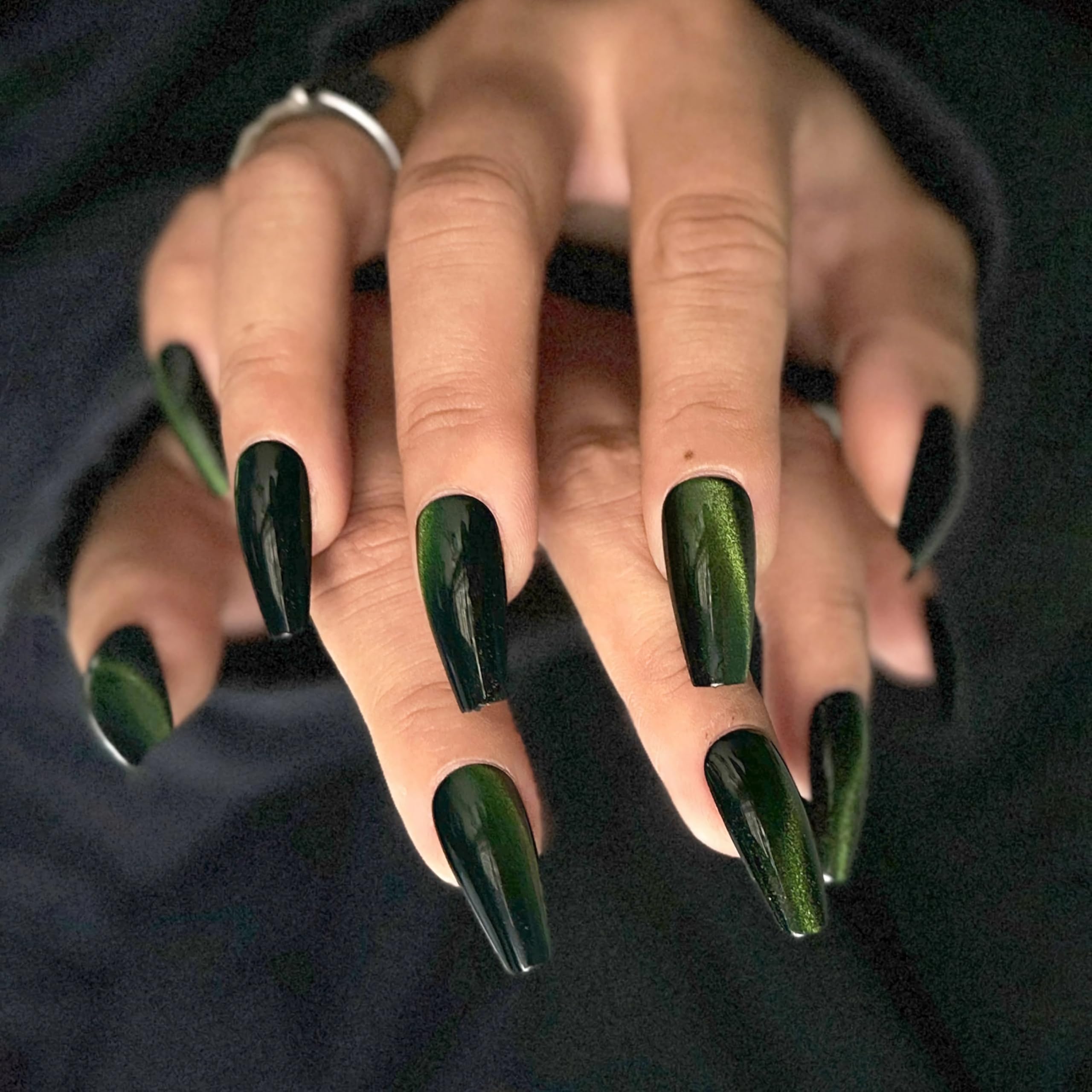 BABALAL Press On Fake Nails - Long Coffin Green Goth Glue On Nails, Magnetic Cat Eye Design Bling Acrylic, 24Pcs False Ballerina Stick On Artificial
