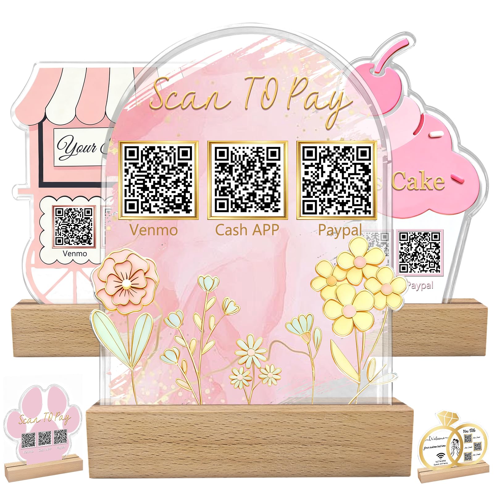 Custom Acrylic Multi QR Code Sign for Business Personalised Venmo Zelle Cashapp Paypal Scan to Pay QR Display Social Media Wifi QR Code Plaque for Salon Beauty Store-Arch Shape