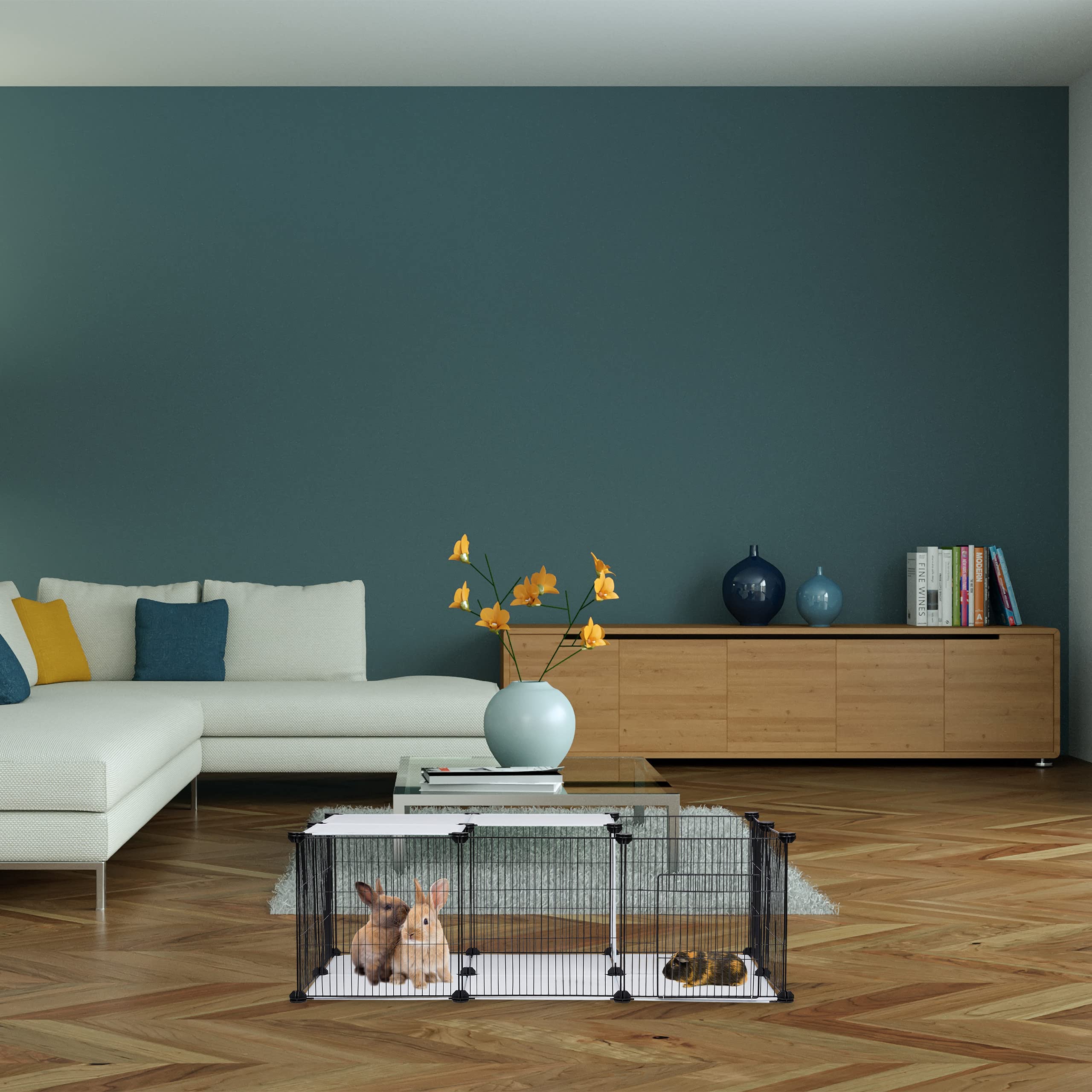 Relaxdays Cage extérieur Lapin, en Panneaux à Assembler, HLP 72,5 x 110 x 74 cm, pour Petits Animaux, Noir/Blanc