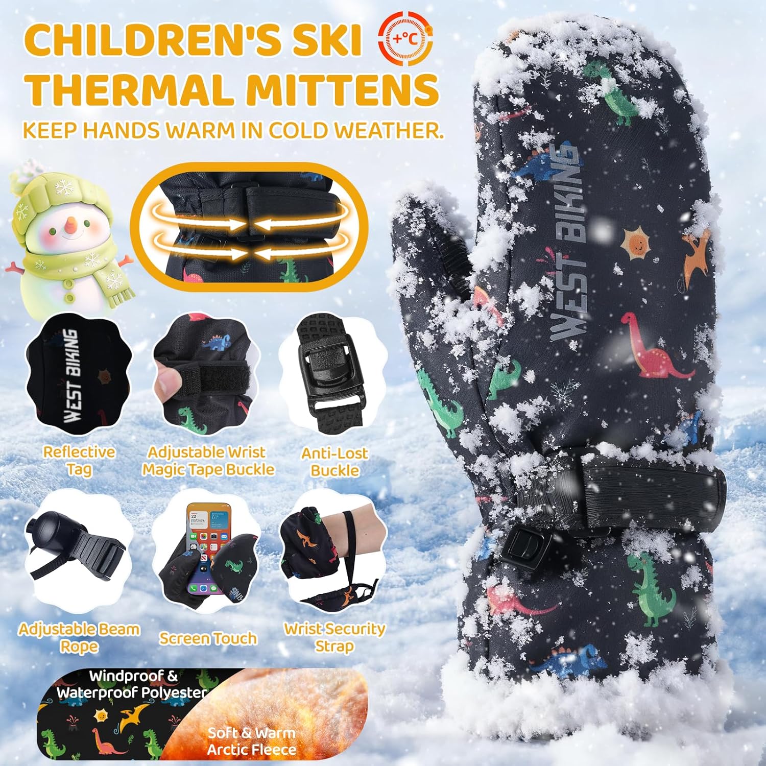 West Biking Kids Ski Mittens, Waterproof Snow Insulated Mittens Toddler Winter Ski Snow Gloves with String, Boys Girls 4-10 - Image 4