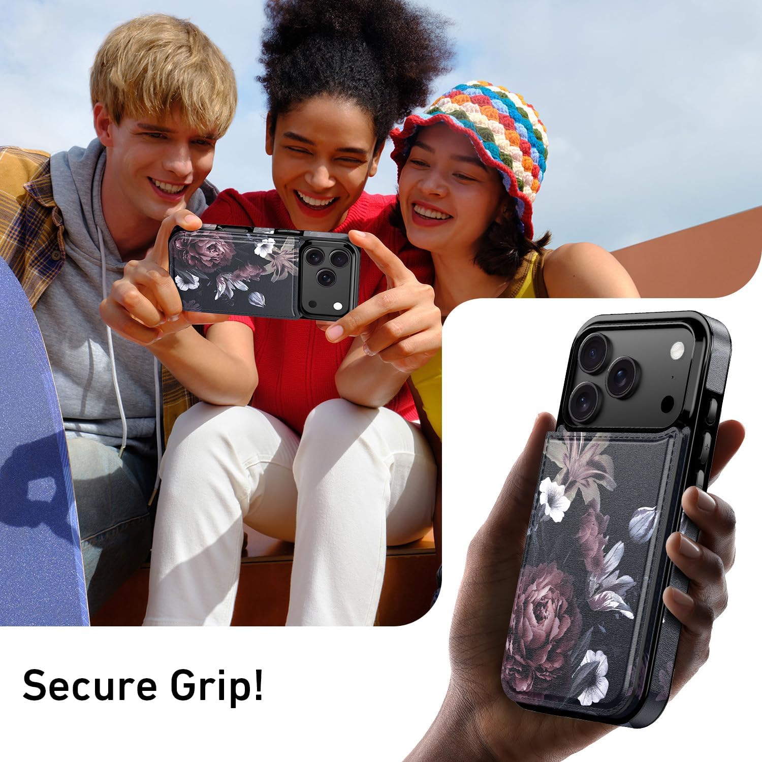 LETO for iPhone 17 Pro Wallet Case with Card Holder - Flip Folio Leather Kickstand - Fashionable Flower Designs - Shockproof Protective Phone Cover for Women and Girls - Wine RED Flowers - Image 7