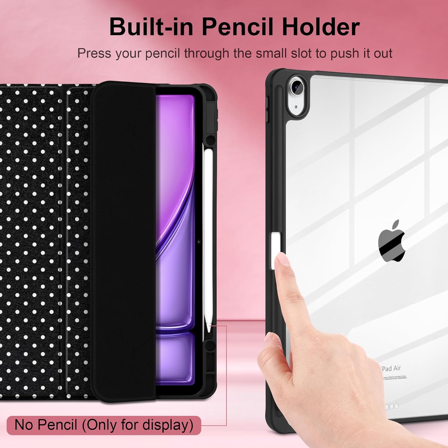 MEEgoodo Case for iPad Air 13 inch 2026(M4) / 2025(M3) / 2024(M2), Tablet Cases with Transparent Acrylic Back Shell, Cover with Pencil Holder + Auto Wake/Sleep + Trifold Stand, White Polka Dot