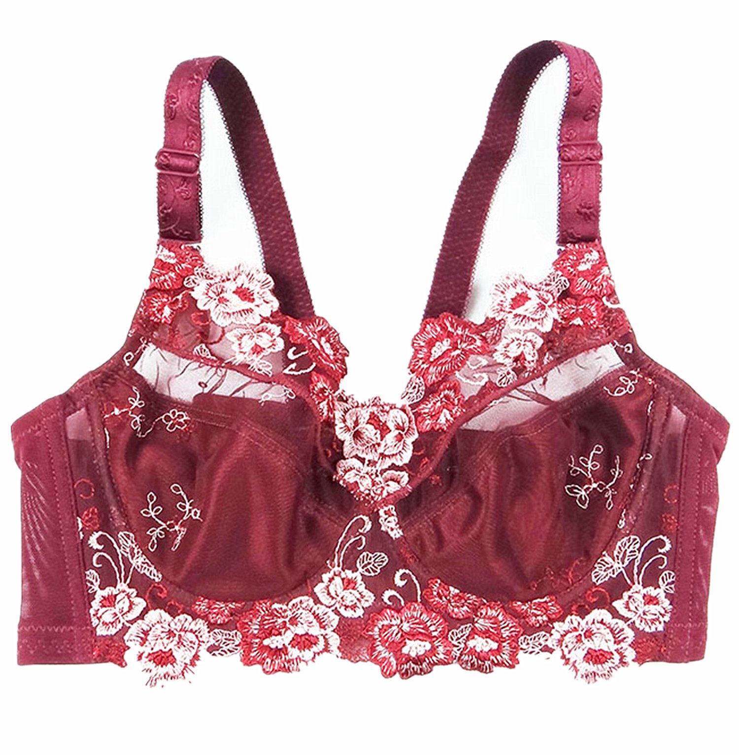 Summer large size embroidery sexy ultra-thin bra push up adjustment bra 42-48 C D E F G H (105D=46C, Wine red)
