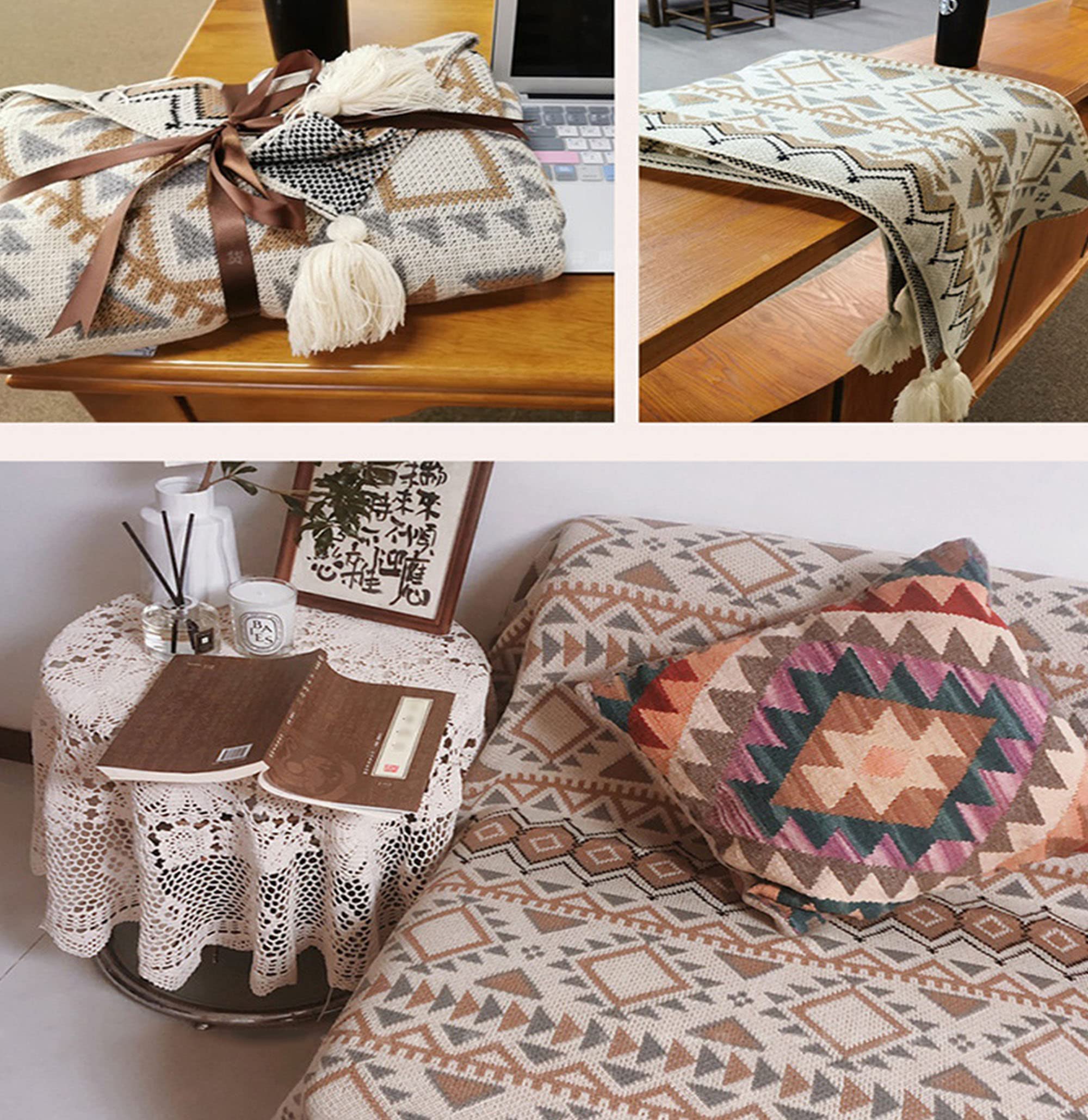 Coperta con frange a maglia, morbida e leggera, con nappe, decorativa, stile bohémien, calda coperta in acrilico per divano, divano, copriletto, divano, divano – (130 x 170 cm, stile 4)