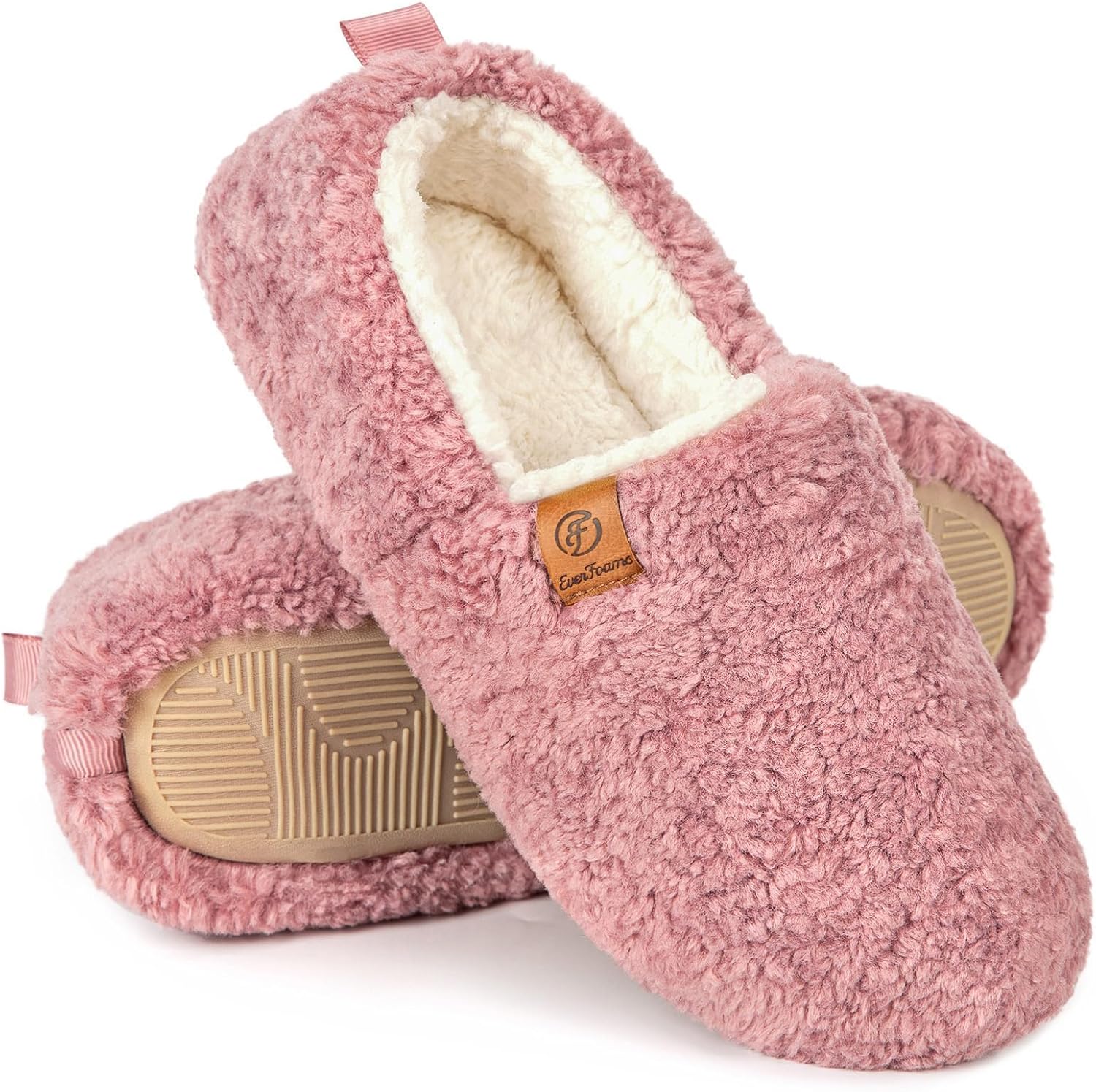 EverFoams Women’s Soft Curly Full Slippers Memory Foam Lightweight House Shoes Cozy Loafer with Polar Fleece Lining