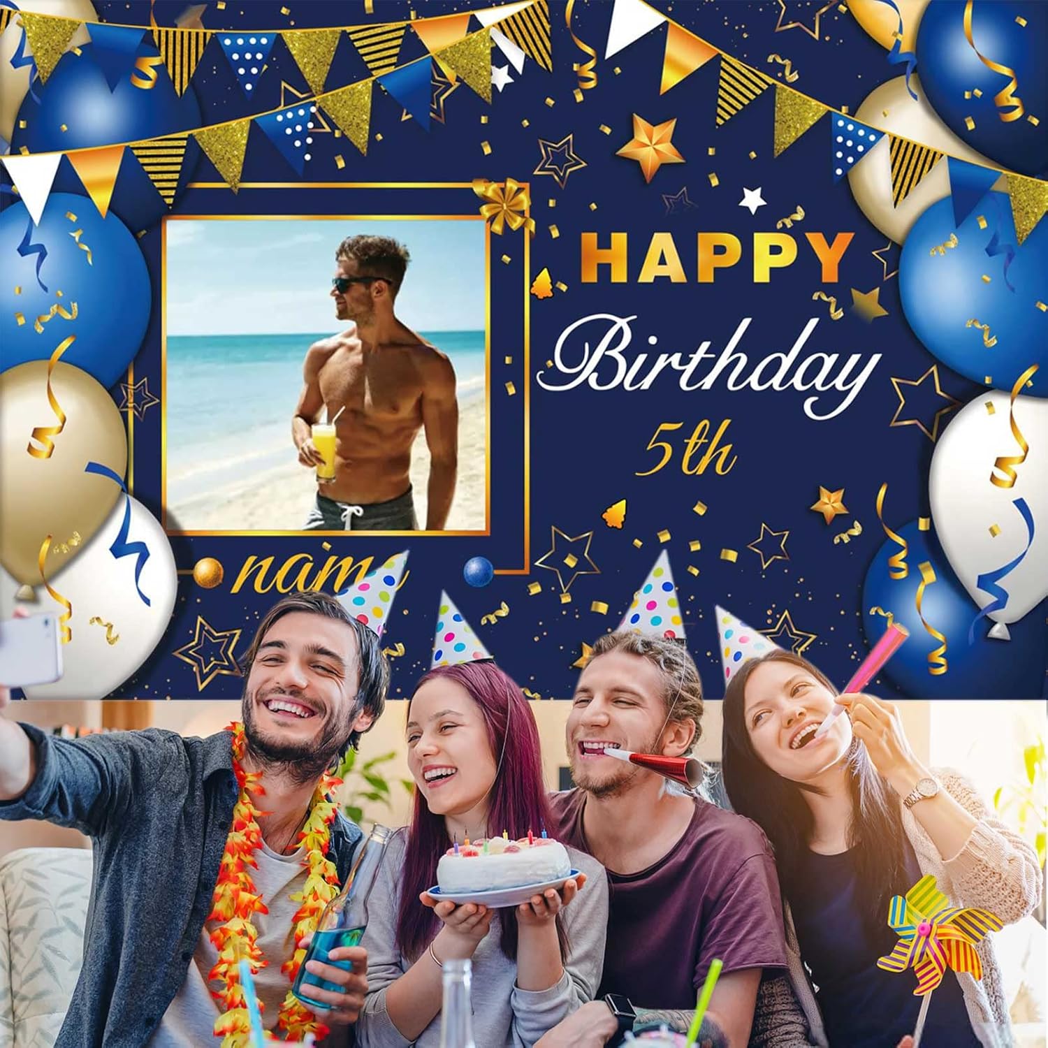 Custom Navy Blue and Gold Happy Birthday Sign Birthday Party Decorations Supplies Personalized Navy Blue Backdrop Banner (6x9ft)
