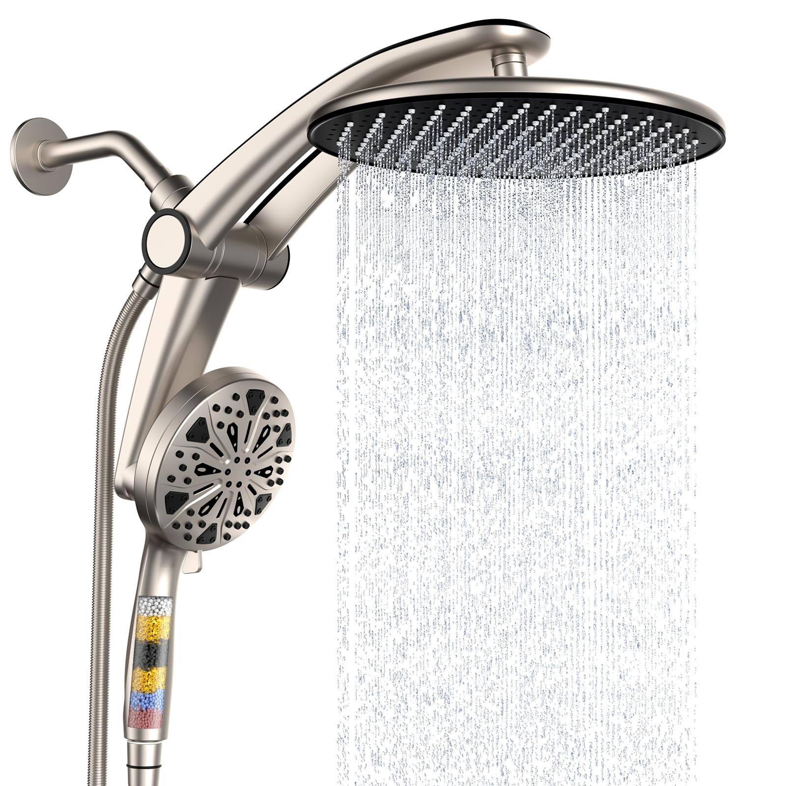 Shower Head with filtered Handheld High Pressure daul Shower Heads with Handheld Spray Combo and 10 Sprays Handheld Shower Head Detachable Shower head Built-in Magnetic Docking and Power Jets Nickel
