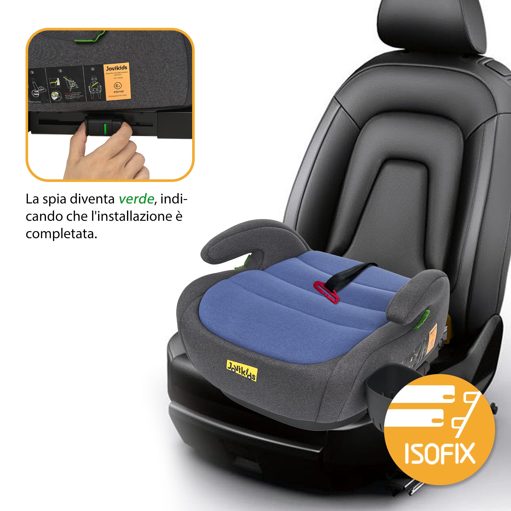 Jovikids Rialzo Auto per Bambini ISOFIX 125-150cm ECE R129, Alzatina Auto Bimbi 15-36 kg, Seggiolino Auto da 6 a 12 Anni (BLUE, Nessun portabicchieri)