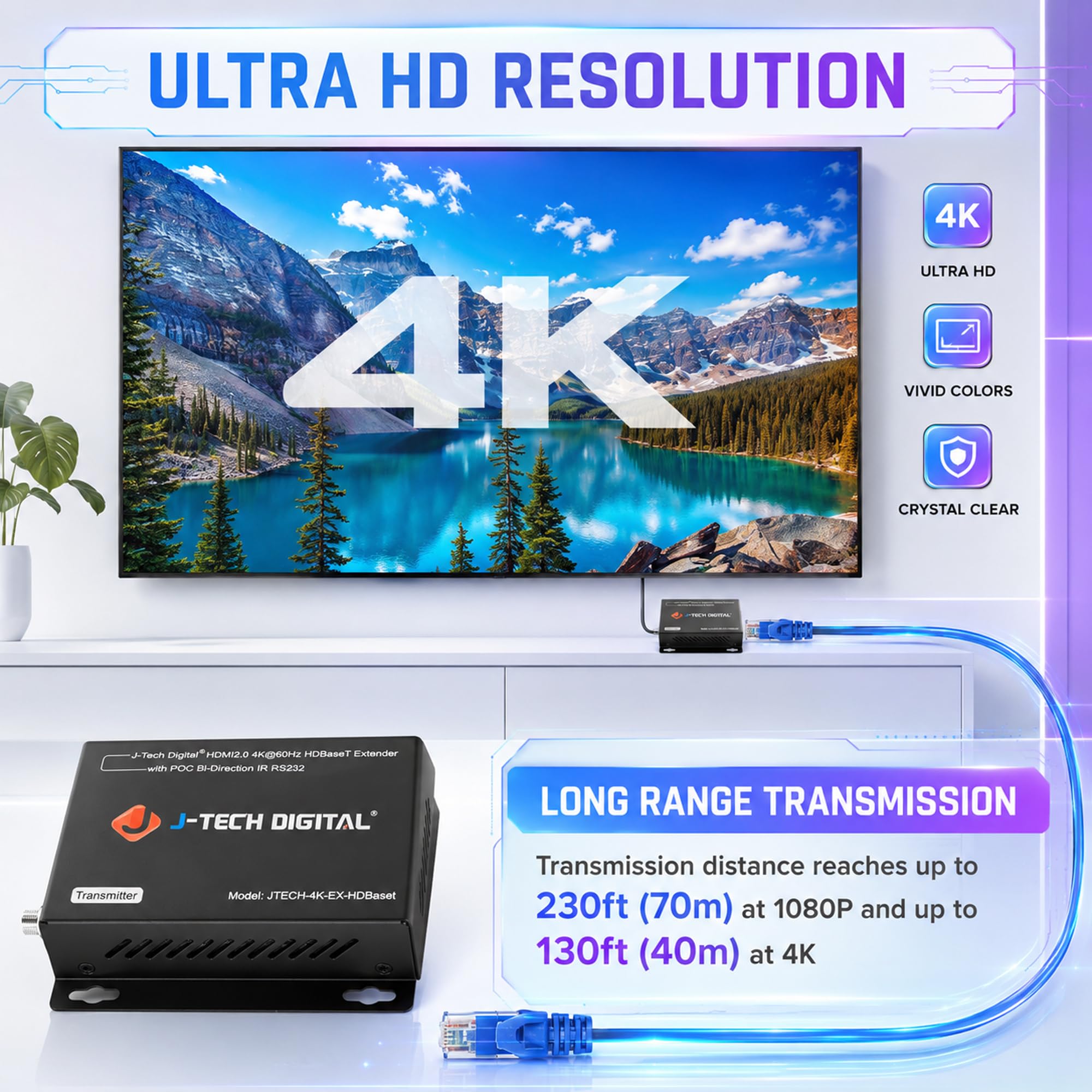 J-Tech Digital 4K HDBaseT HDMI Extender Over Cat5e/6 Ethernet up to 230ft (1080P) 130ft (4K), Supports HDCP 2.2/1.4, RS232, Bi-Directional IR and PoC — Amazon image 3