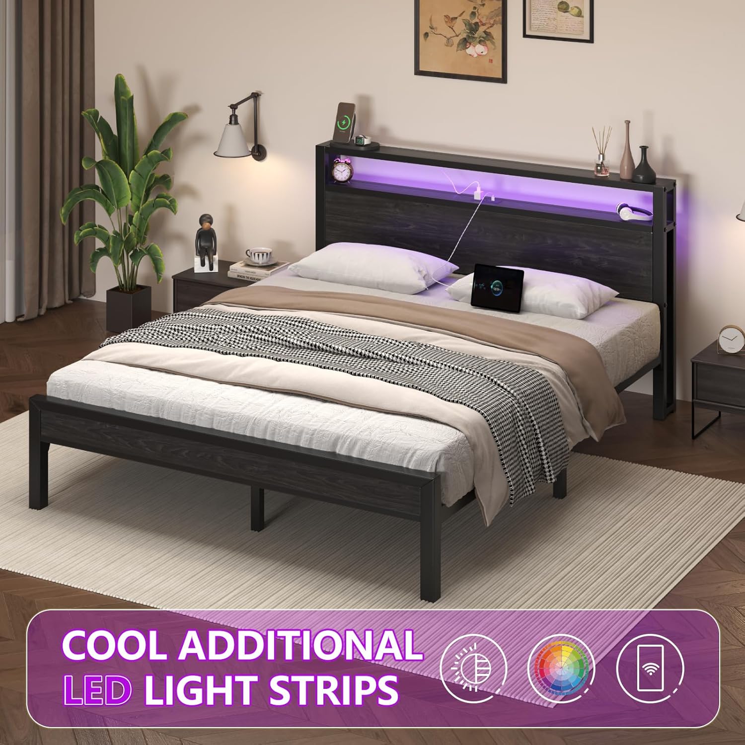 Queen Size Bed Frame with LED Lights and Charging Station, Wood Storage Headboard with 2-Tier Shelves, Heavy Duty Metal Slats, No Box Spring Need, Noise Free, Easy Assembly, Black - Image 4