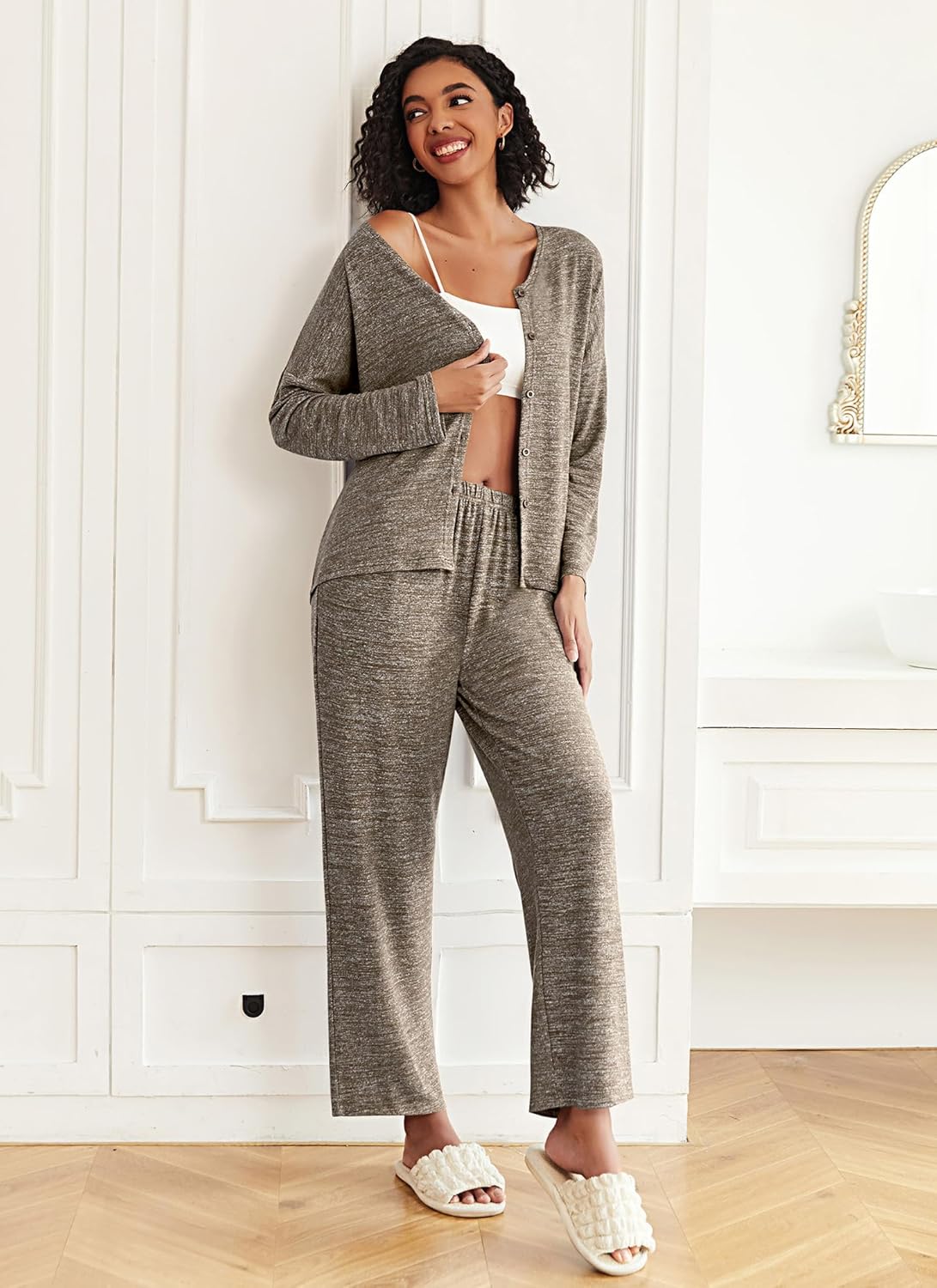 Ekouaer Womens Pajama Sets Button Up Long Sleeve Pjs Soft Lounge Set 2 Piece Sleepwear with Pockets - Image 3