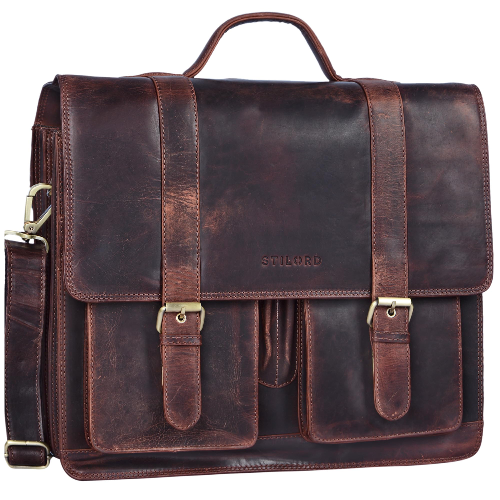 STILORD 'Marius' Maletín de Piel Unisex para Profesor o Negocios Bolso Mensajero o Bandolera Grande para Hombres Mujeres y portátil de 14" de auténtico Cuero Color:Negro