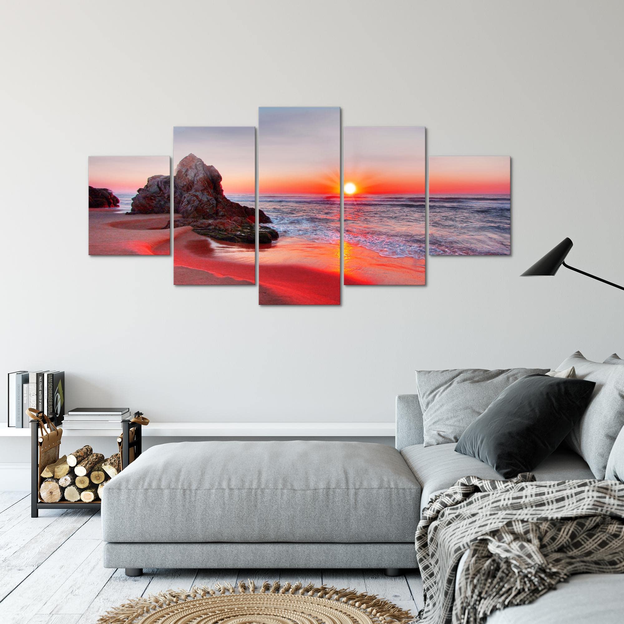 Runa Art - Quadri Tramonto Spiaggia 200 x 100 cm 5 Pezzi XXL Decorazione Murale Design Rosso 609551b