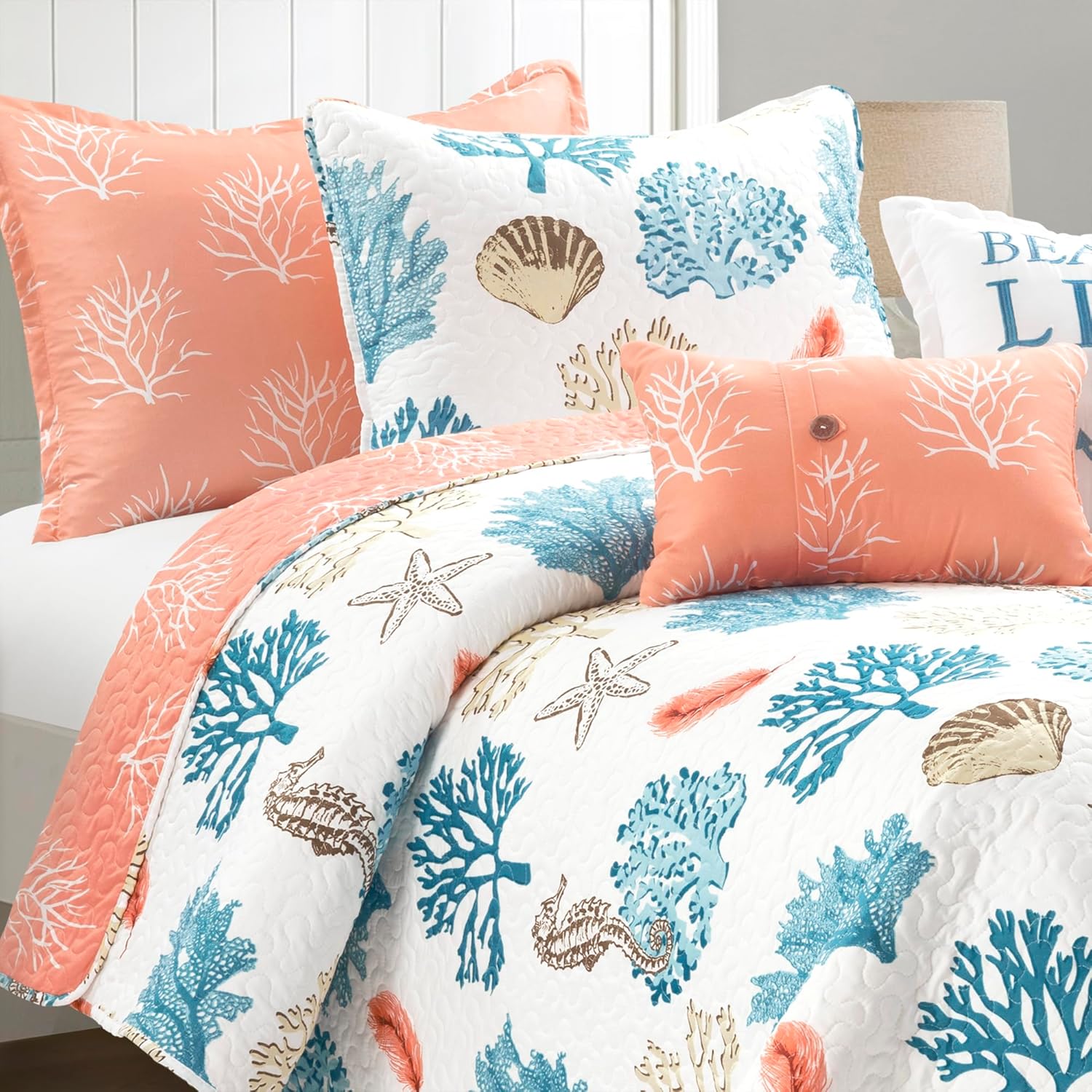 Lush Decor Coastal Reef Feather Reversible Quilt Set, 5 Piece Set, Twin/ Twin XL, Blue & Coral - Twin XL Bedding Set - Coastal Dorm Decor - Beach House