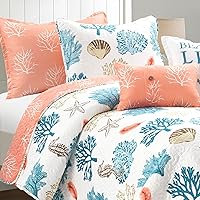 Vista 3 de Lush Decor Coastal Reef Feather - Juego de edredón reversible de 5 piezas, tamaño individual/individual XL, azul y coral, juego de ropa de cama