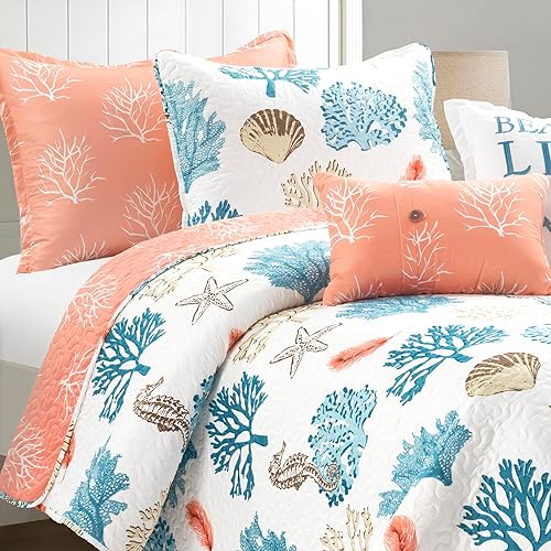 Miniatura 3 de Lush Decor Coastal Reef Feather - Juego de edredón reversible de 5 piezas, tamaño individualindividual XL, azul y coral, juego de ropa de cama