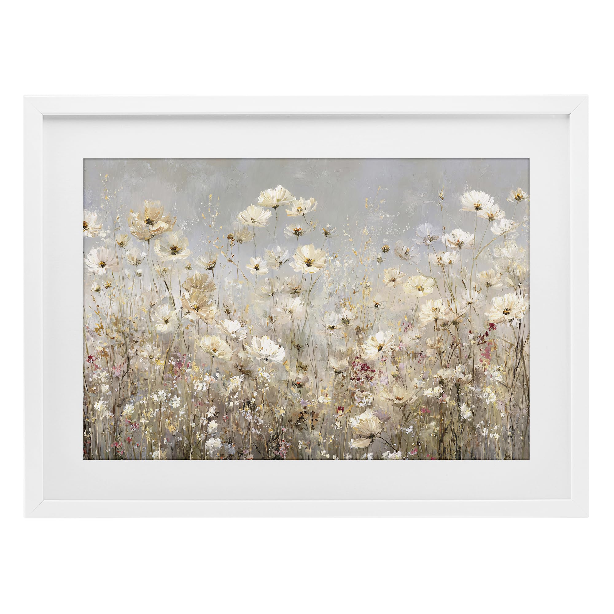 Stupell Industries 'White Daisy Clusters Meadow', Framed Print Under Glass, White, 20 x 14 Inches, Easy to Hang and Sturdy, Made in USA, by Jacky Ngan