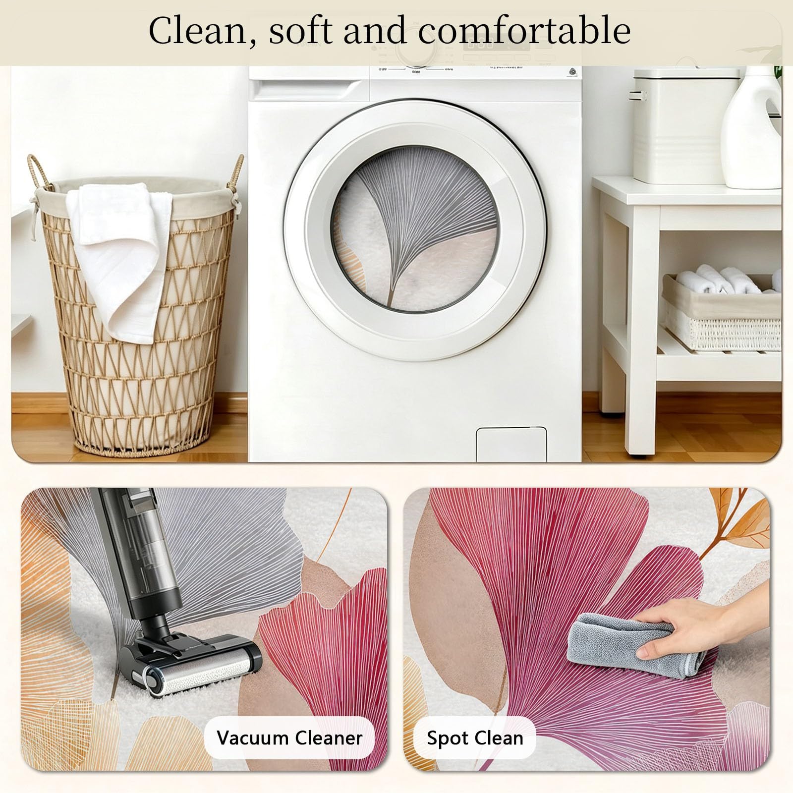 Tappeto rotondo per soggiorno, 60 cm, motivo botanico con foglie di ginkgo disegnate a mano, lavabile, per camera da letto, antiscivolo, non perde pelo, per camera dei bambini, cucina, ufficio, sala