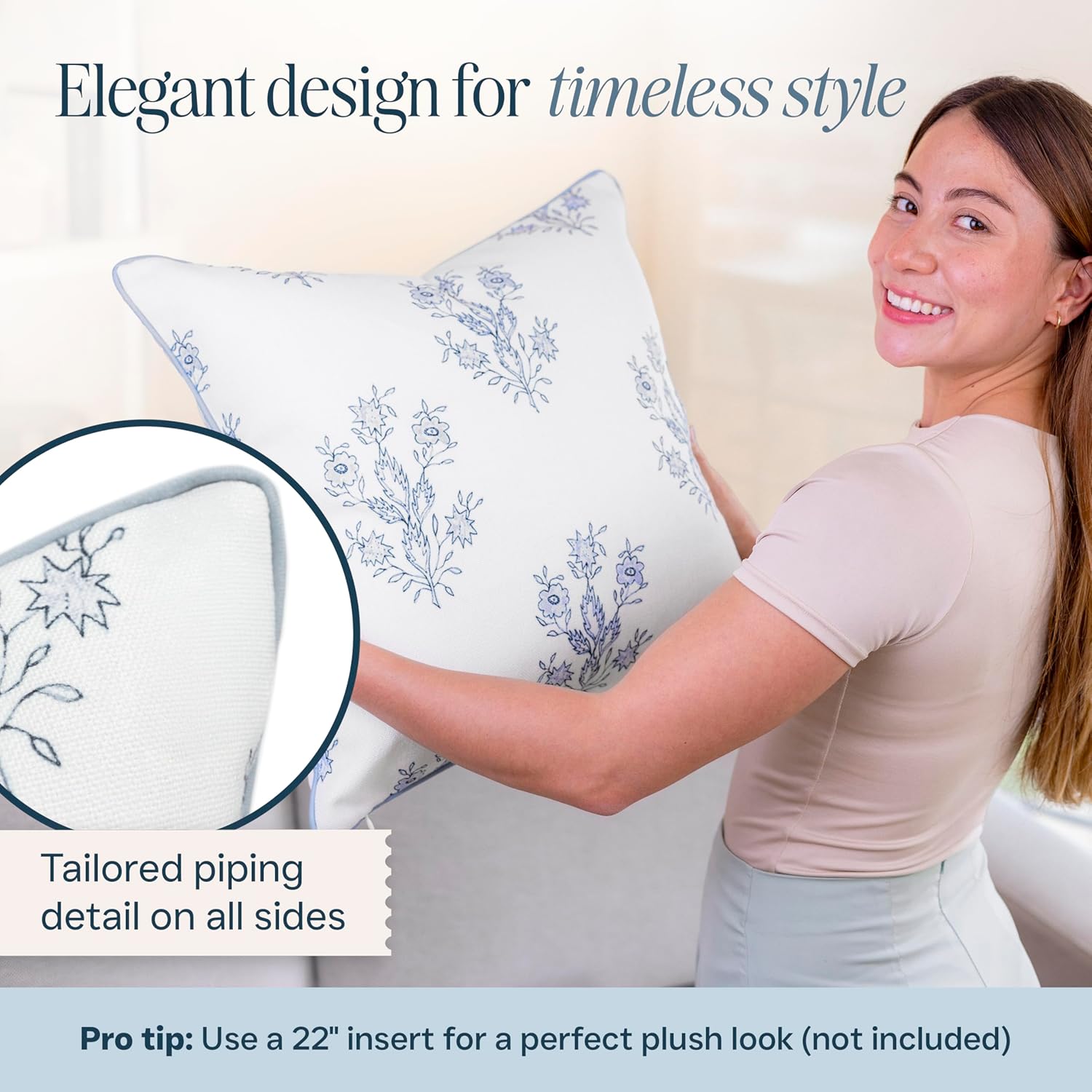 “The Mary” Periwinkle Floral Block Print Pillow Cover – Blue and White Decorative Throw Pillow Cover – Grandmillennial Home Decor, 24" x 24"