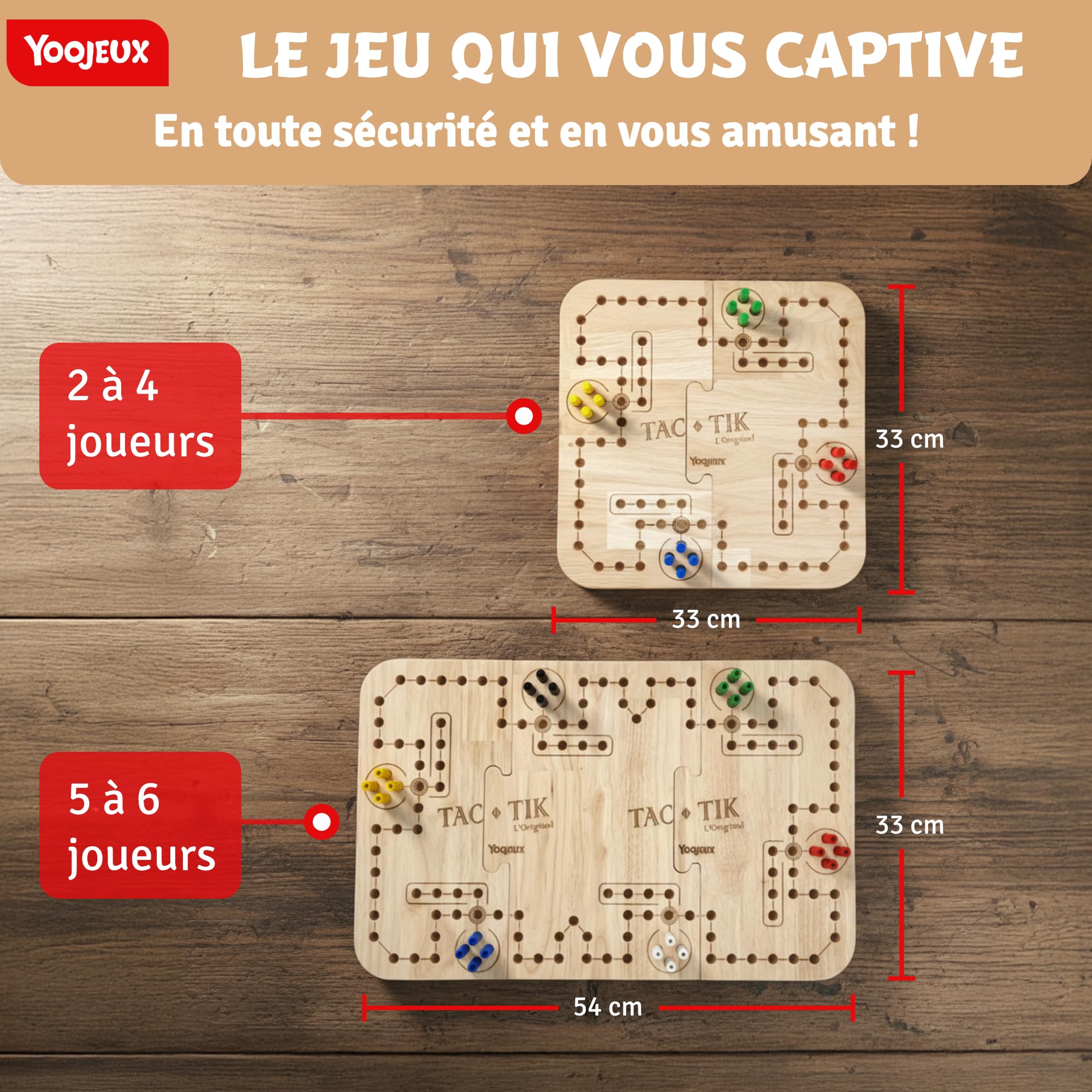 Tac-TIK L'Original Jeu du Tock en Bois pour 2 à 6 Joueurs dès 7 Ans | Jeu de société familial et stratégique, parcours gravé, 24 pions et 54 cartes pour jouer ensemble et varier les parties.