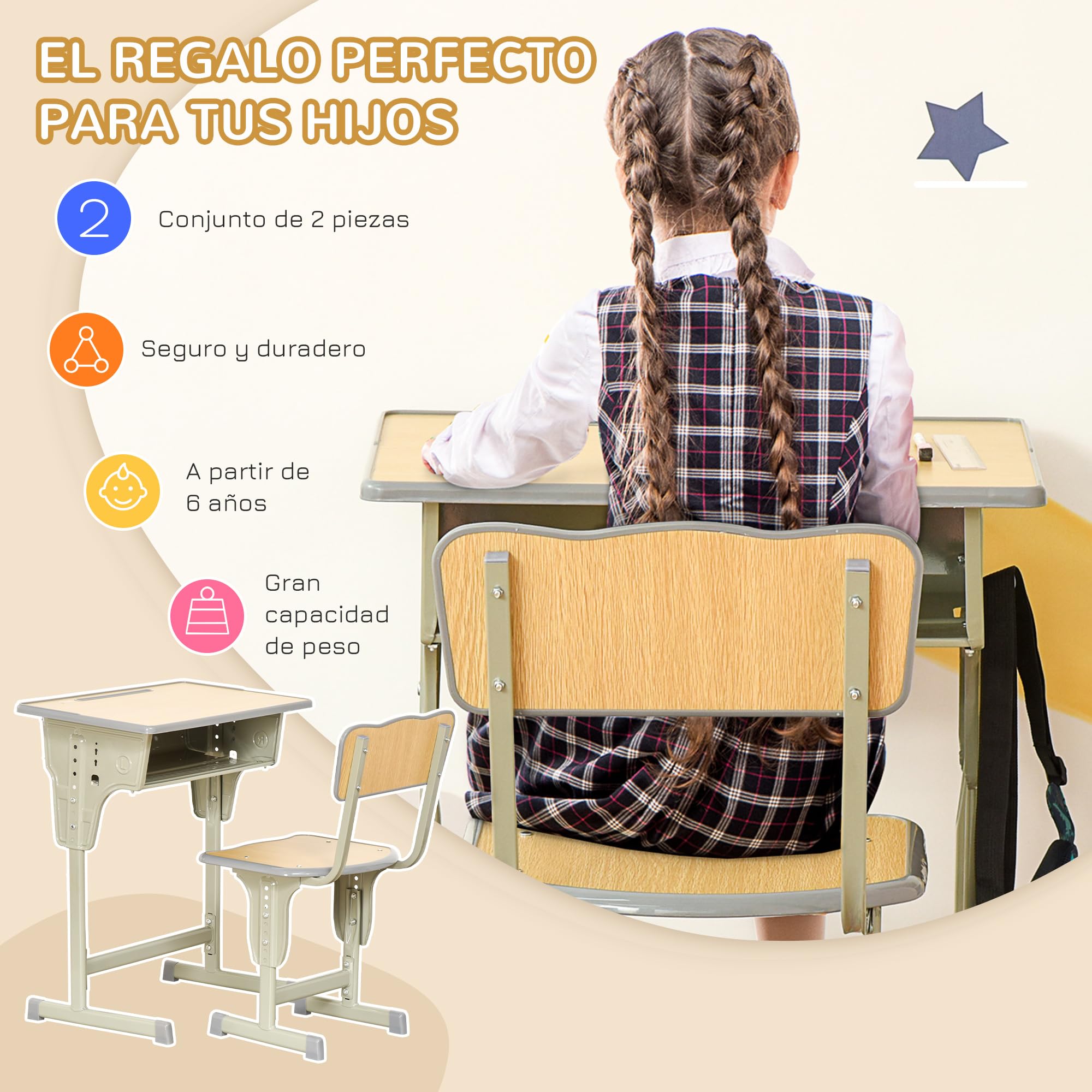 HOMCOM Juego de Escritorio y Silla para Niños de +6 Años Escritorio Infantil Altura Regulable Pupitre Infantil con Gancho y Cajón Madera Natural