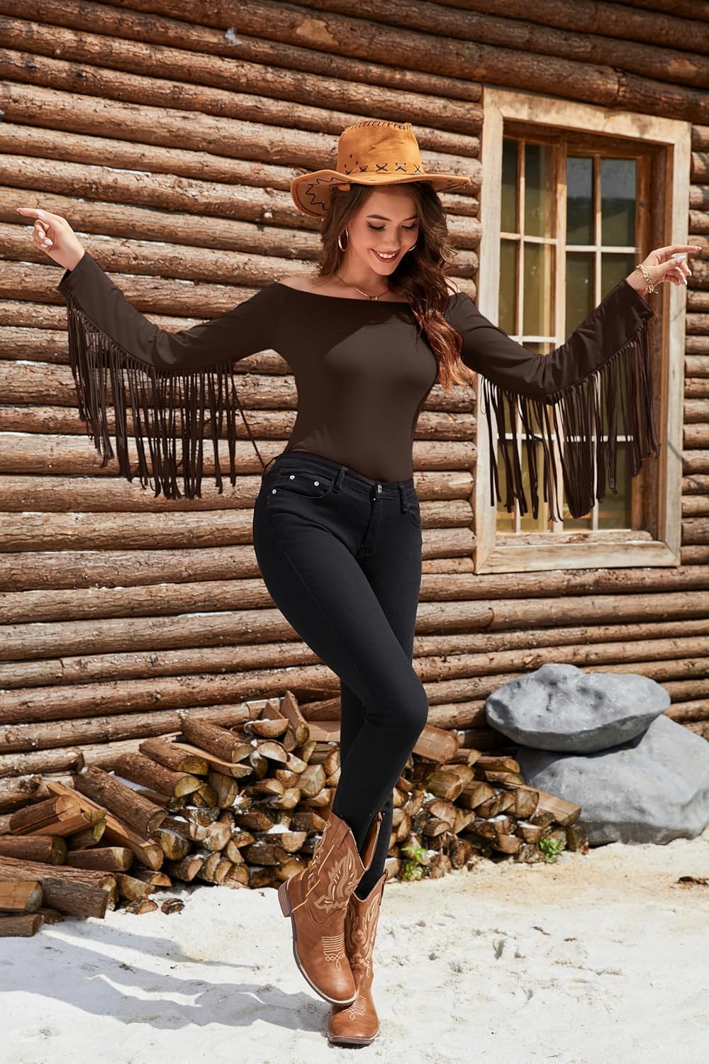 Off The Shoulder Fringe Tops for Women Western Cowgirl Outfits Stretchy Fall Long Sleeve Crop Tassel Shirts Y2K - Image 3