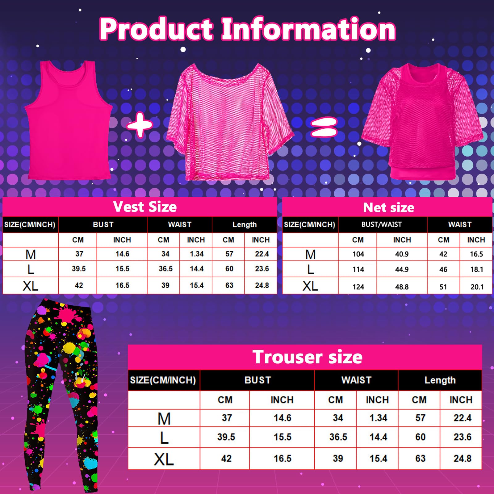 Déguisement Année 80 Femme, 26 Pièces Vetement Annee 80 Disco Fluo Accessoire Femme, Vetement Fluo, Costume Années 80 90, T-shirt, Jambières, Gants En Résille, Disco Costume Fête Néon