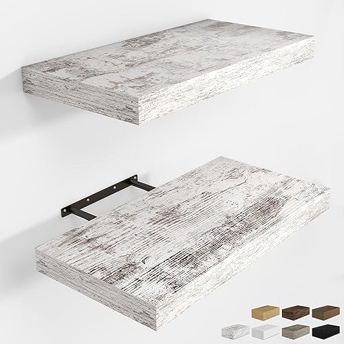 Vista 28 de RICHFOCUS Estantes flotantes de 16 pulgadas para pared, paquete de 2 estantes para dormitorio, cocina, baño, estante flotante de madera rústica Gris